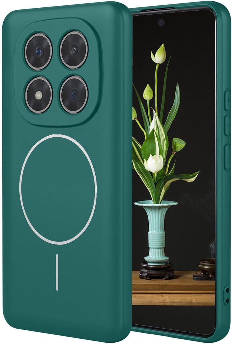 YUEQIAN Magnetic Design for Xiaomi Redmi Note 14 Pro 5G/Poco X7 5G Case, Soft Liquid Rubber Silicone with Microfiber Lining, Supports Wireless Faster Charging Shockproof Cover. Dark Green