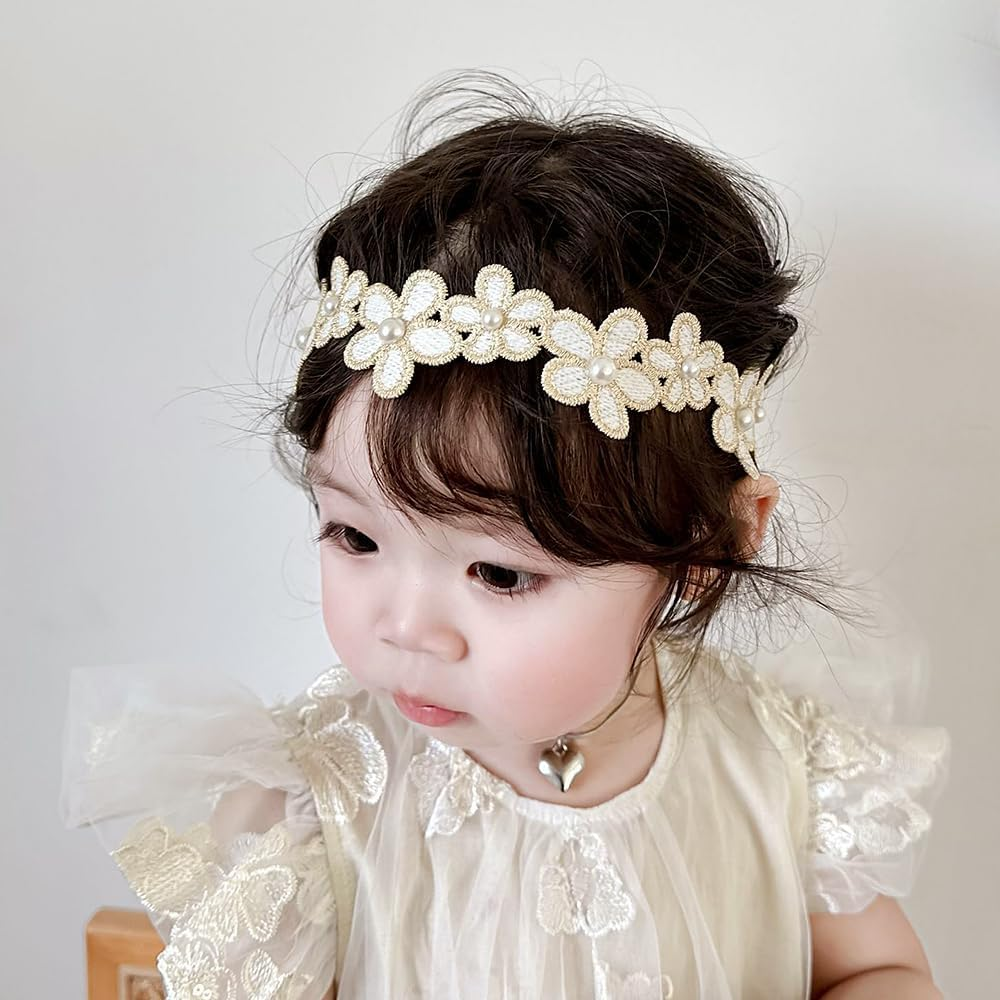 Baby Girl Gold Flower Lace Headband Toddler Elastic Floral Hair Band Newborn Infant Soft Lace Baptism Christening Hair Accessories for Birthday Party image number 5