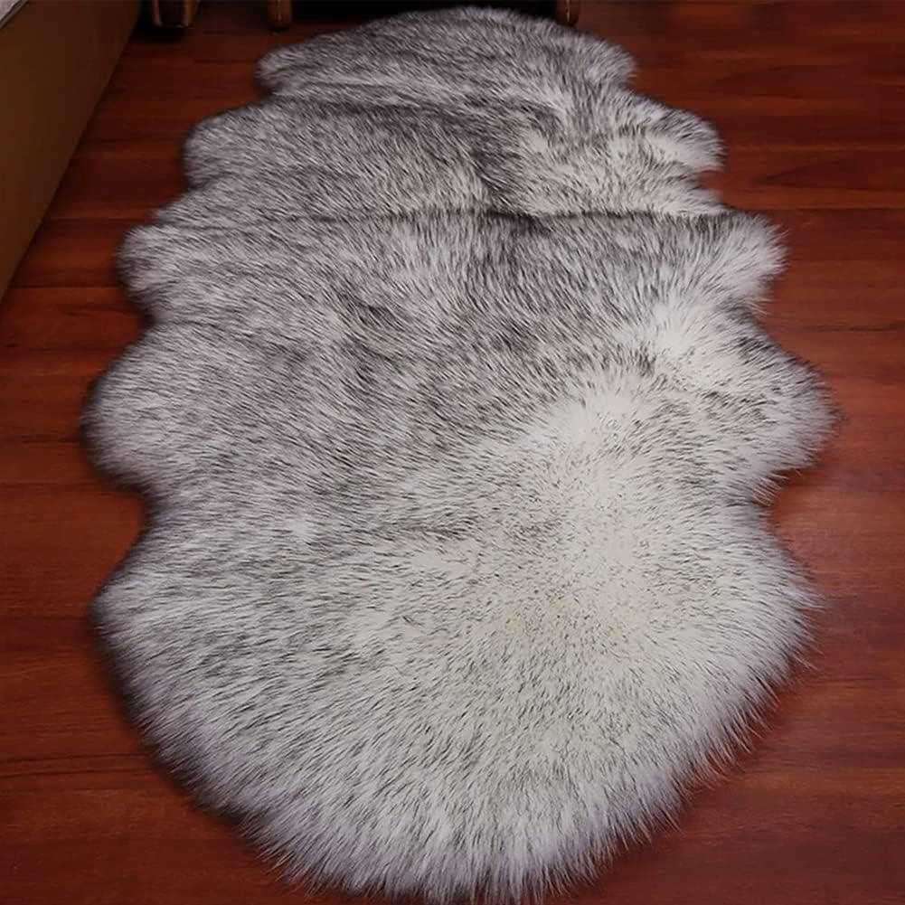 Soft Faux Sheepskin Fur Rug Fluffy Area Rug Floor Mat Luxury Carpets Chair Cover Seat Pad Shaggy Rug for Bedroom Sofa Living Room (2 X 5 Ft Sheepskin, White Grey - Black image number 7