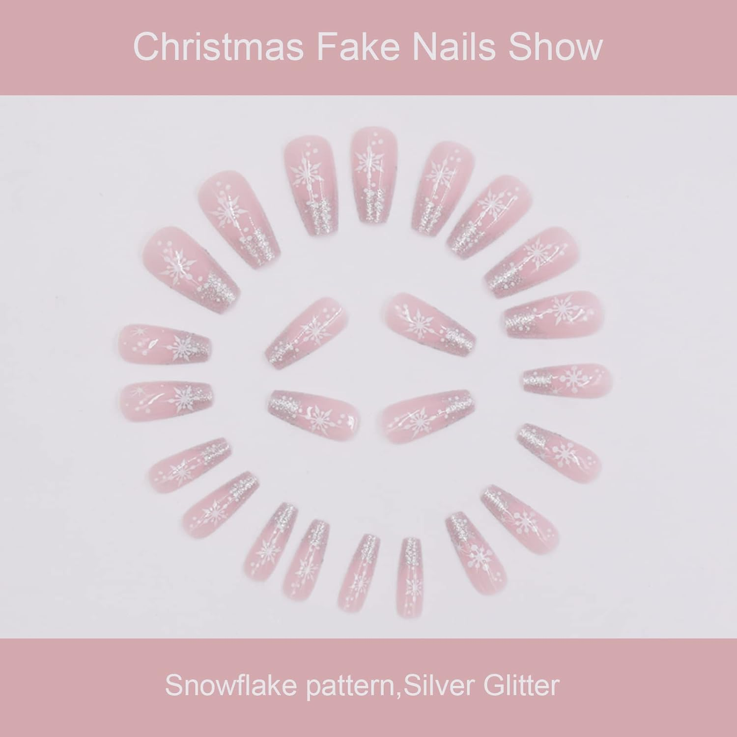 24-PCS Christmas Press on Nails Medium Fake Nails Snowflake Pattern False Nails Silver Glitter Fake Nails Glossy False Nails Full Cover Acrylic Nails for Women & Girls image number 6