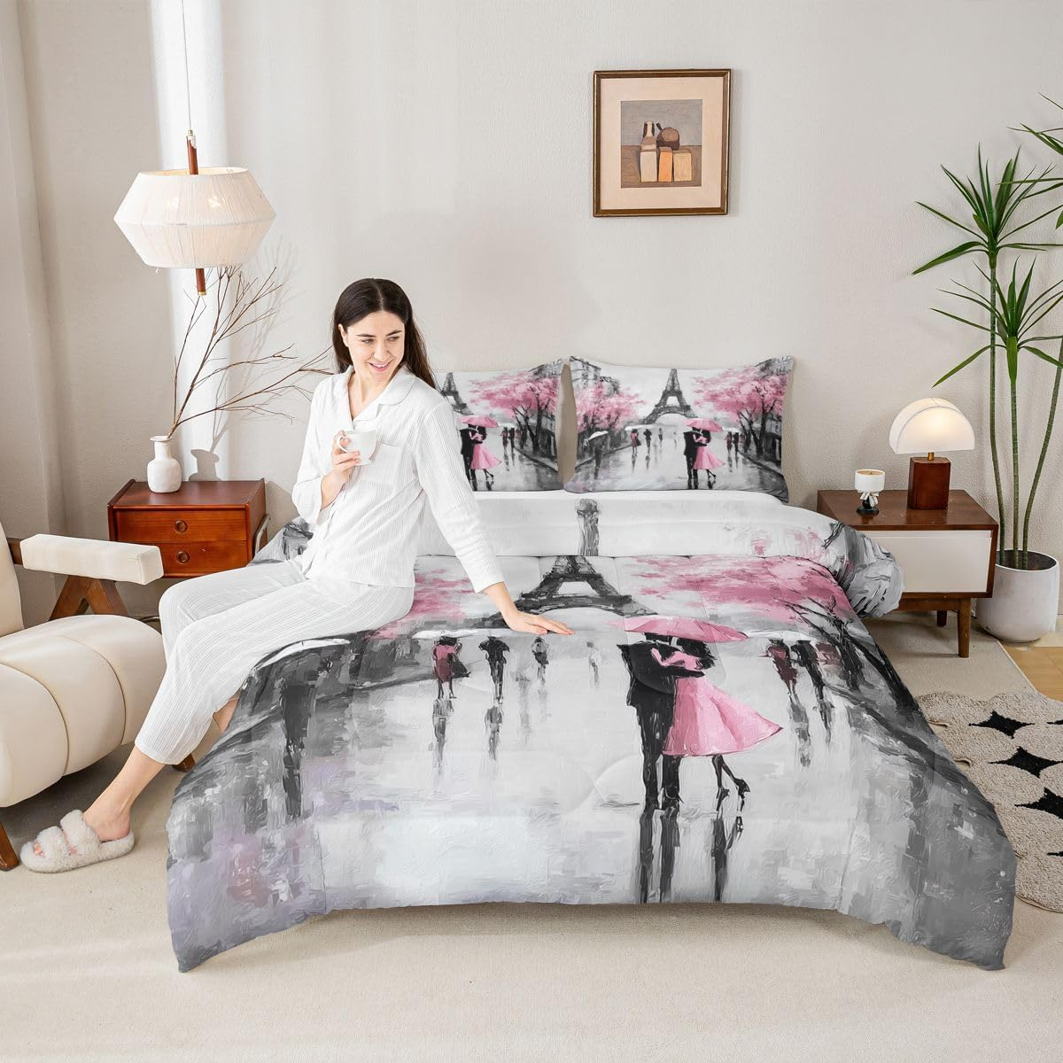 Erosebridal Eiffel Tower Comforter Sets Full Size,Pink Flowers Umbrella Bedding Set for Kids Girls Teens Women,Romantic Paris Duvet Sets,Retro City Building down Comforter with 2 Pillow Cases Grey image number 3