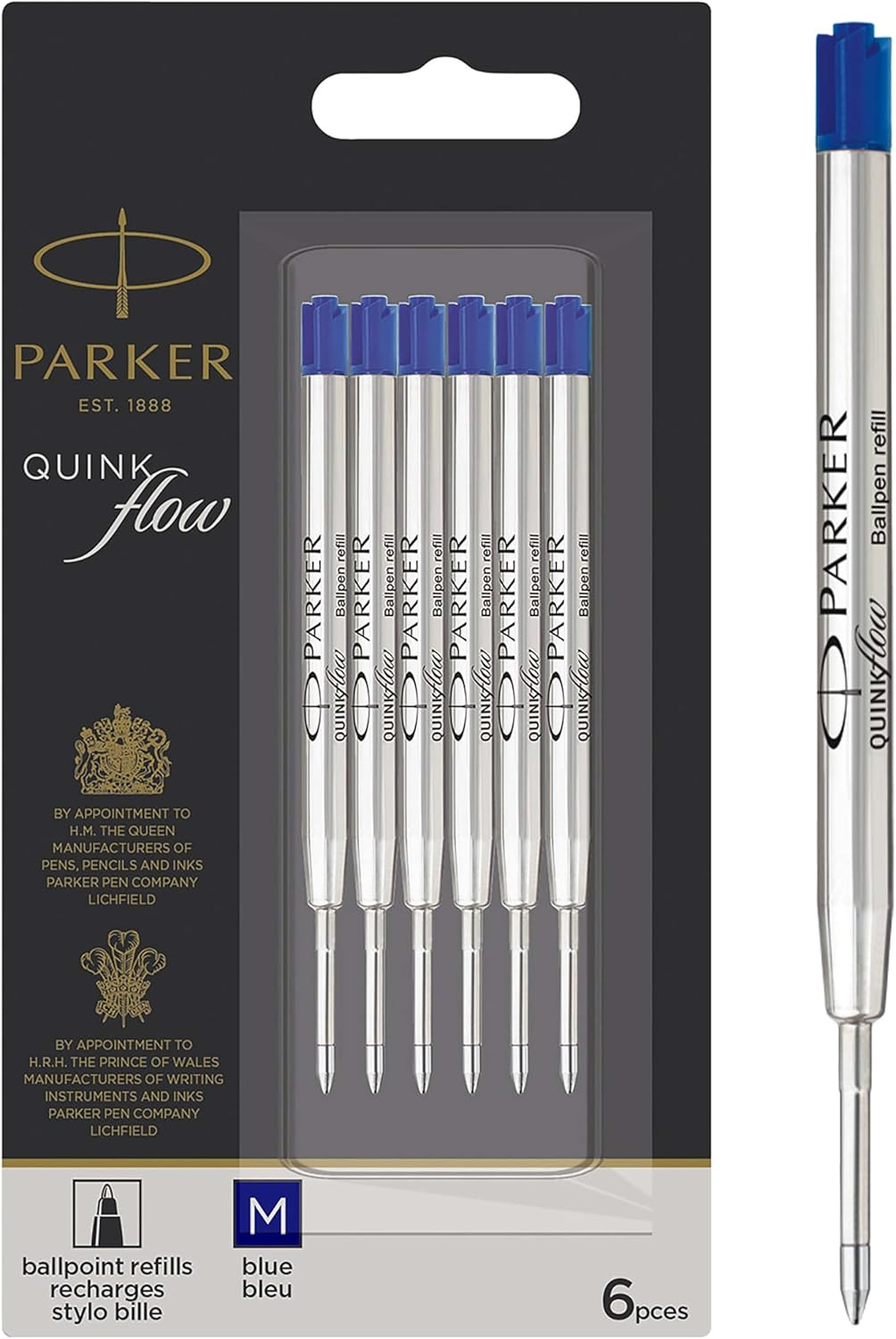 Parker Ballpoint Pen Refills, Medium Tip, Blue Quinkflow Ink, 6 Refills for Ballpoint Pens