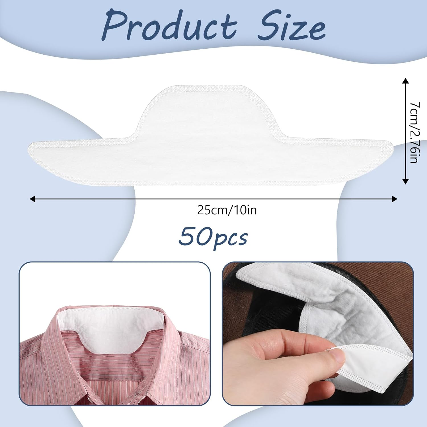 Piriuuo 50 Pcs Sweat Pads for Collar, Disposable Collar Protectors for Shirts Self-Adhesive, Invisible & Unflavored Neck Collars Sweat Pads for Women Men against Sweats & Stains image number 3