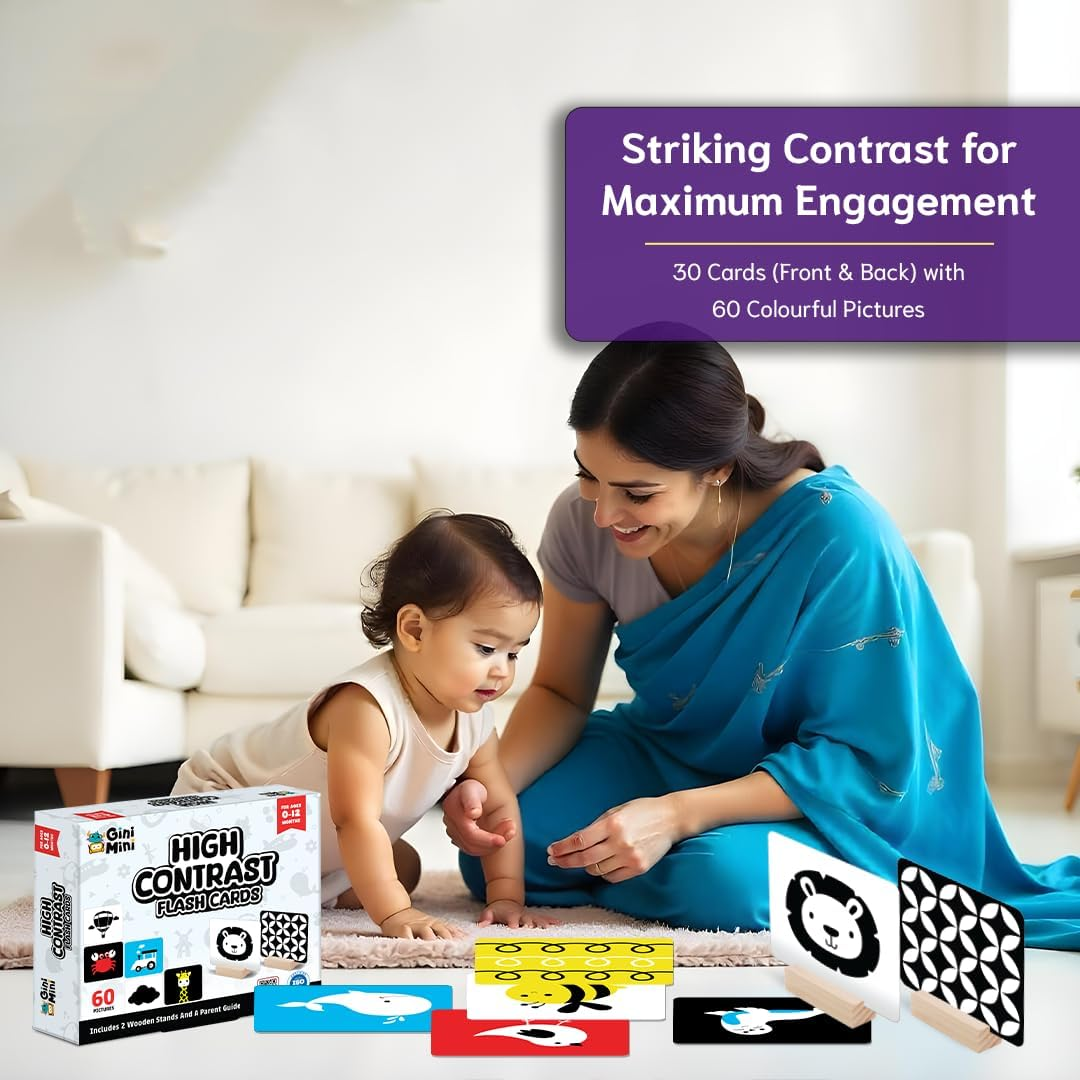 High Contrast Flashcards for 0-12 Months - Black, White & Primary Colors for Visual Stimulation | 60 Large Pictures for Newborn Babies & Infants, Gifts, Travel Friendly image number 3