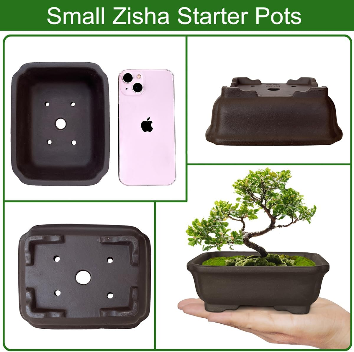 MUZHI 2PACK Unglazed 6&rdquo; Ceramic Bonsai Pot with Humidity Trays, Breathable Handmade Rectangle Bonsai Planter for Starter Bonsai Tree, Juniper,Ficus, Money Tree image number 4