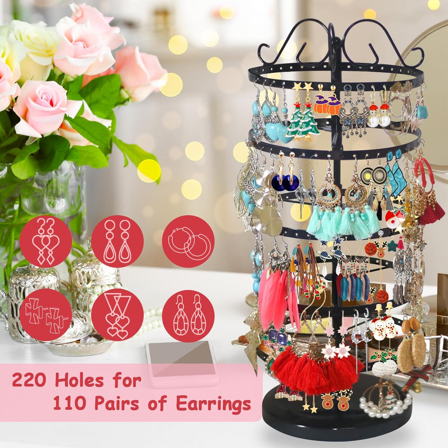 5 Tiers Rotating Earring Holder Organizer, Metal Spinning Earring Display Stand 220 Holes - Adjustable Earring Storage Rack - Earring Tree Organizer for Girls Women (Black) image number 2