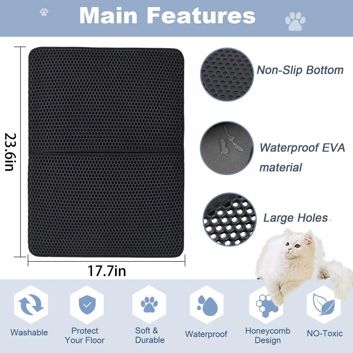 Cat Litter Mat,55 * 75Cm Double Layer,Honeycomb Double Layer Trapping Litter Mat Design,Waterproof Urine Proof Kitty Litter Mat Large Size Easy Clean Scatter Control image number 2