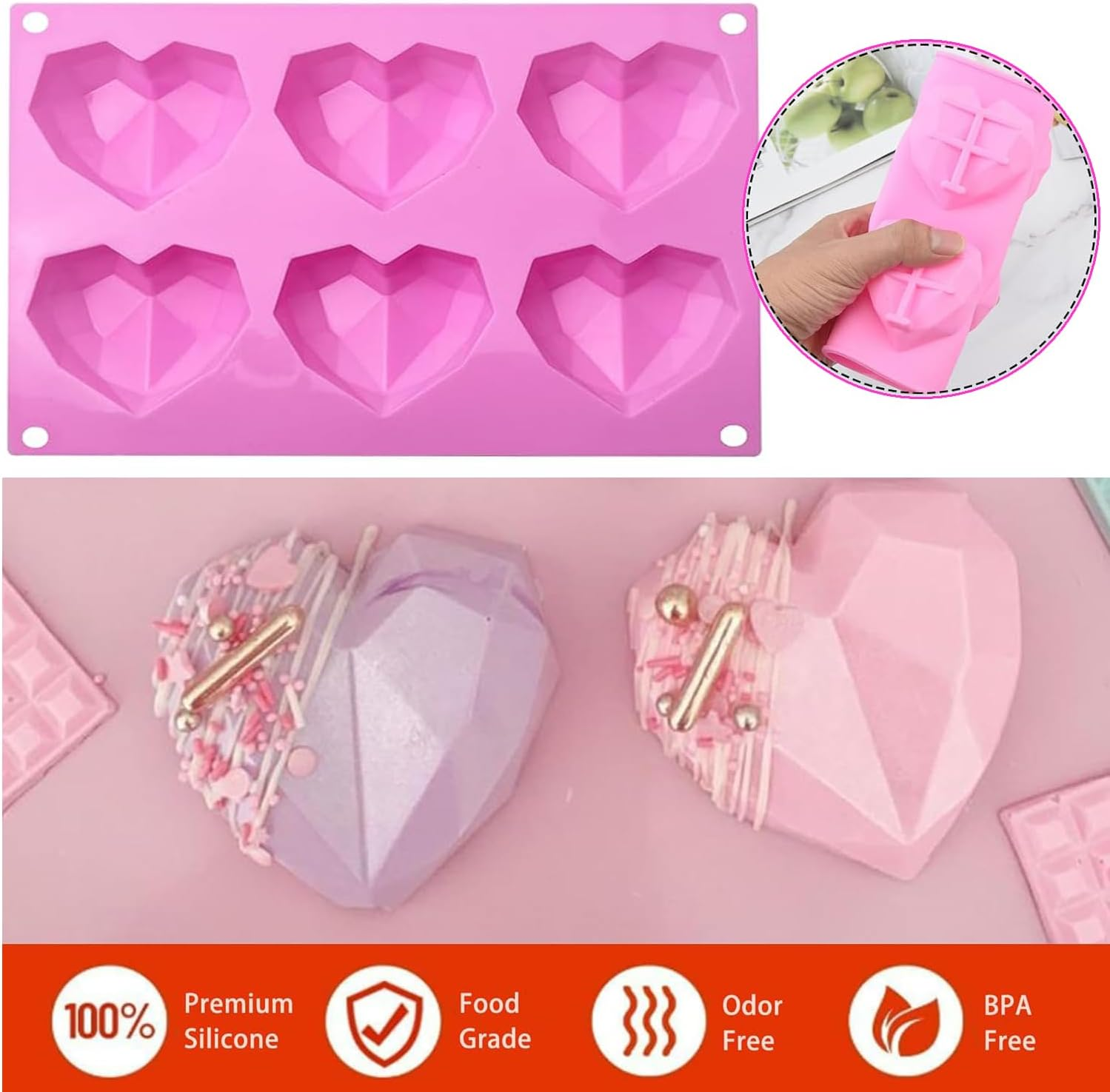 2 Pcs 3D Diamond Heart Silicone Mold, 6 Cavity Silicone Chocolate Moulds, Non Stick Chocolate Mould Baking Dessert Molds for Chocolate, Pudding, Jelly, Ice Cubes, Soap image number 6