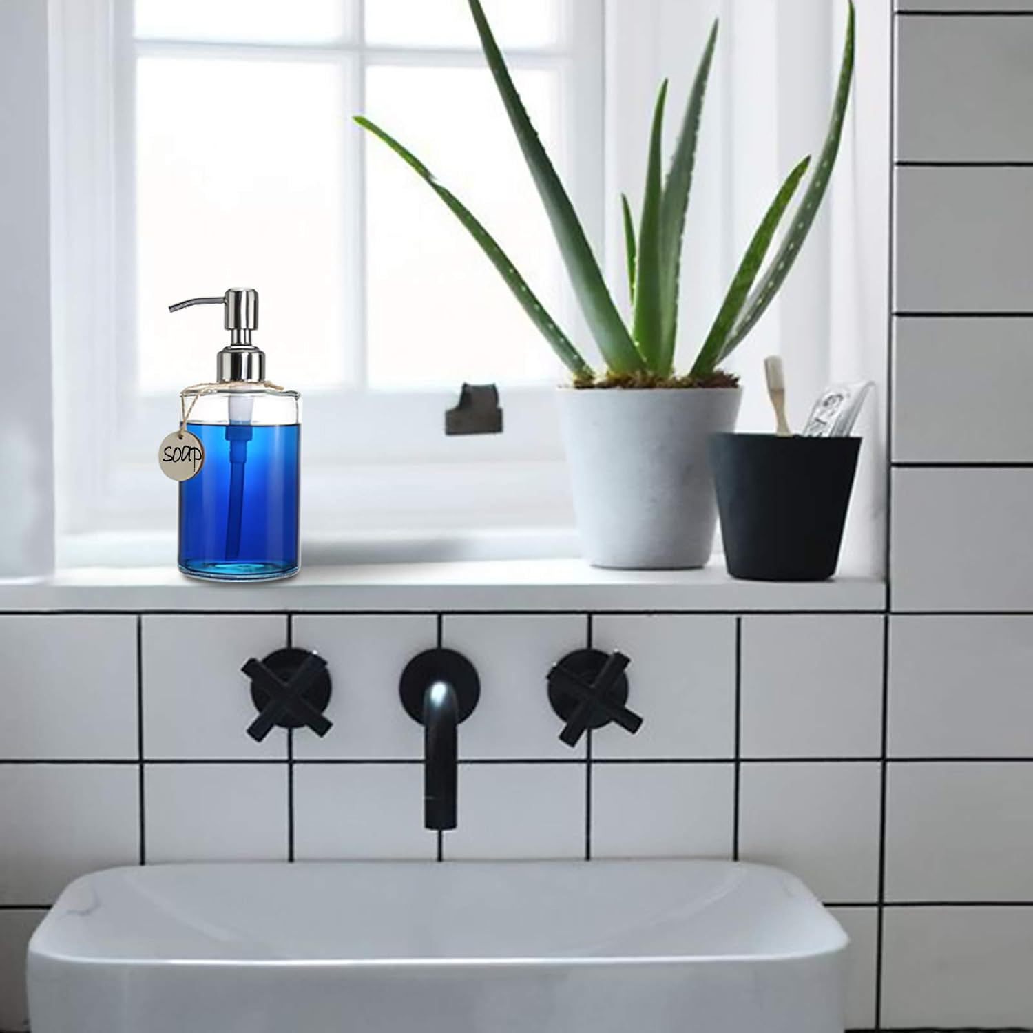 JASAI 16OZ Cylinder Glass Soap Dispenser with Rust Proof Stainless Steel Pump, Refillable Bathroom Soap Dispenser for Hand Soap, Dish Soap, Liquid Soaps and Kitchen (Clear) image number 4