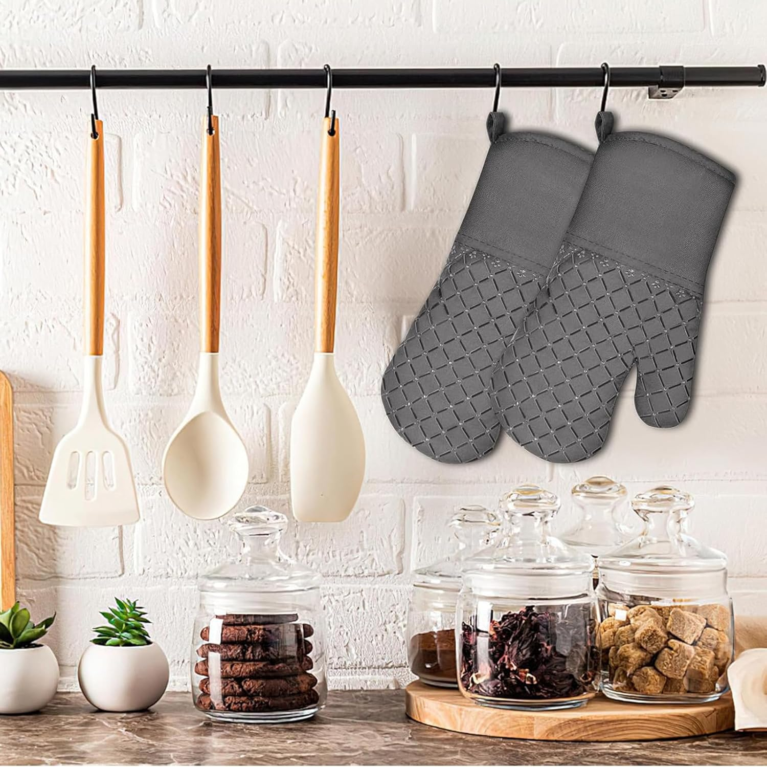 LF Line 2 Pcs Long Oven Mitts Heat Resistant for Kitchen, Kitchen Oven Gloves with Non-Slip Silicone Stripe Soft Cotton Lining, Silicone Oven Mitts for Cooking Baking BBQ Grey