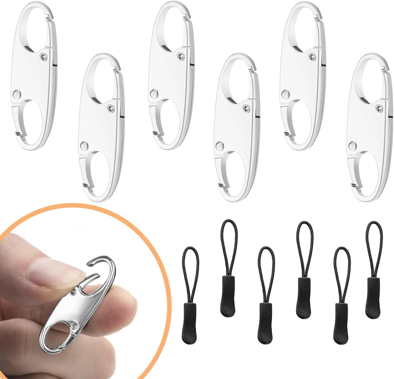 Zipper Clip Theft Detterent - anti Theft Zipper Locks Keep the Zipper Closed Backpacks, 6 Pack Easy Clip Black & White, Nylon Cord Zipper Pulls 6 Pack (6 Pcs Silver, Oval Double Open)