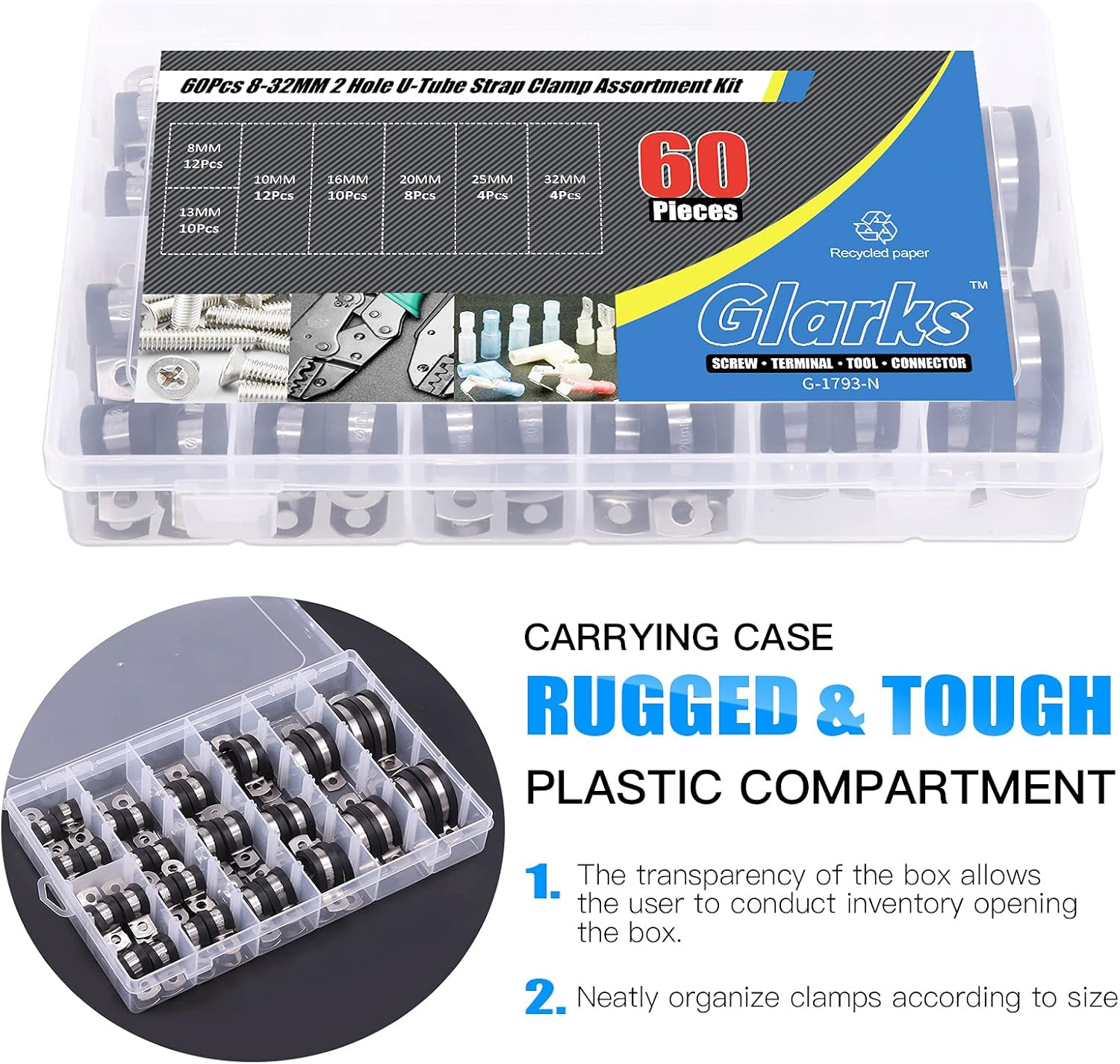 Glarks 60Pcs 8-32MM 2 Hole U-Tube Strap Clamp Set 304 Stainless Steel Rubber Cushion Rigid Pipe Strap U Bracket Tube Strap Assortment Kit for Pipe Tube Fixing (8-32Mm Strap Clamp Set) image number 2