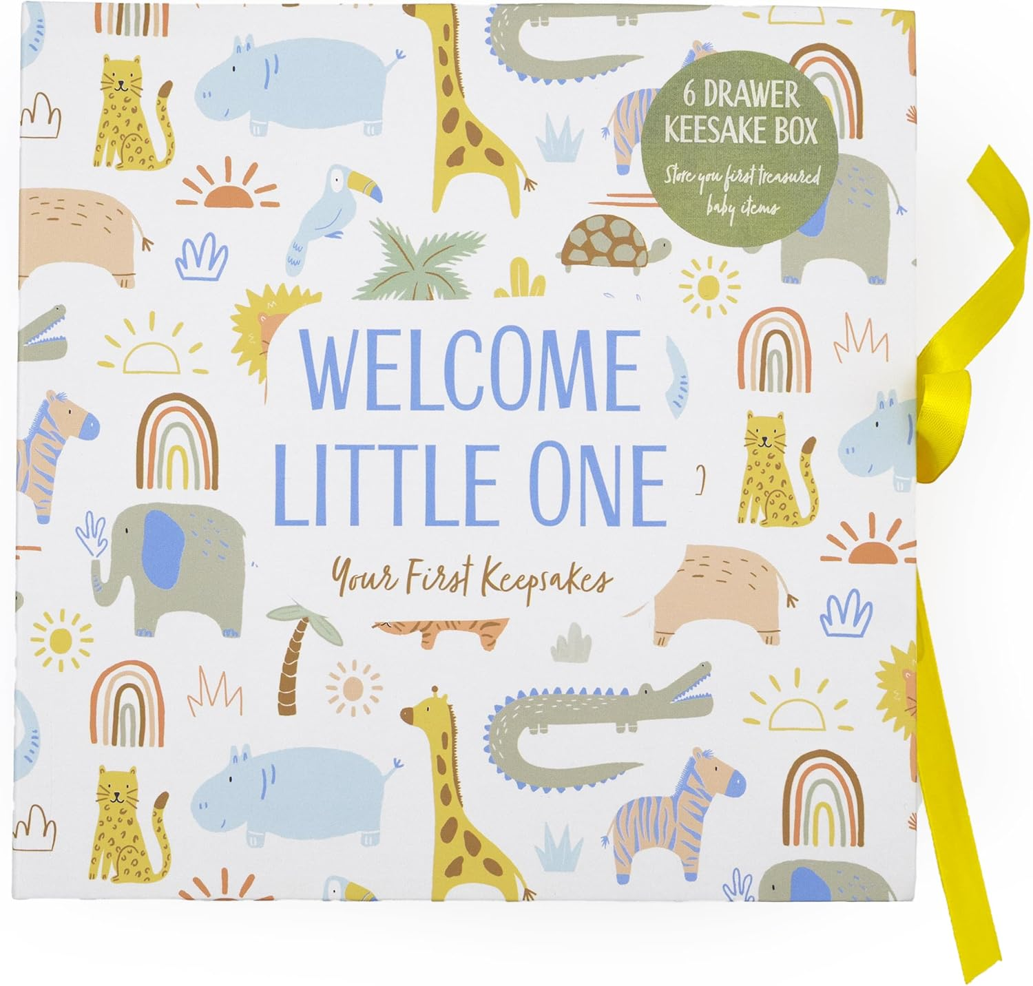 Lullaby Animals Baby Keepsake Box &ndash; 6 Drawer Memory Box for Newborn Mementos &ndash; Baby Gift with Ribbon Closure image number 1