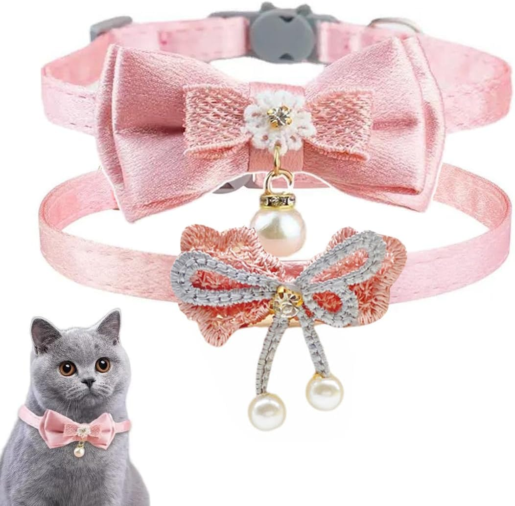 GXGM Pack of 2 Soft Collars Made of Natural Cotton Cord for Cats with Sensitive Skin, Lightweight Kitten Collar with Quick Release and Removable Bow