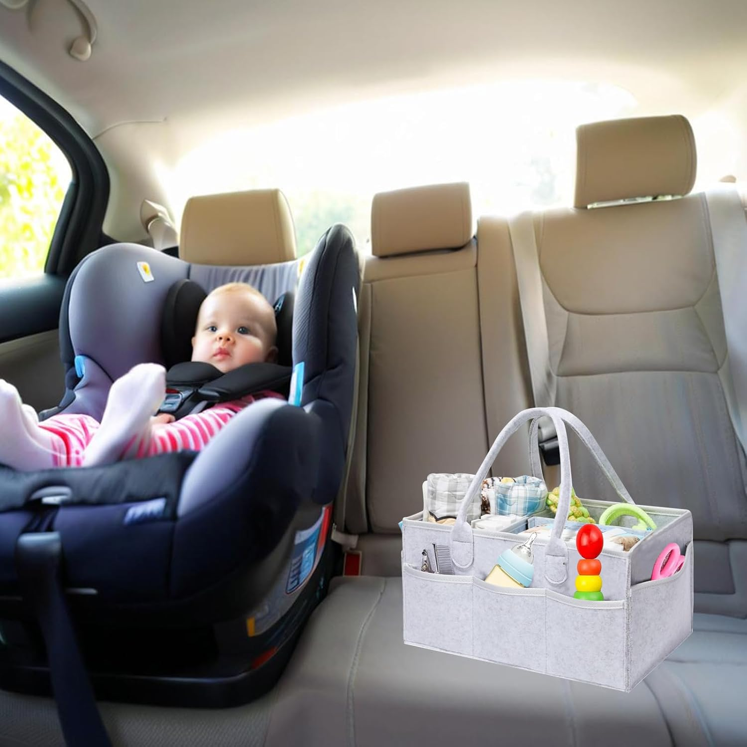 Jotia Baby Diaper Caddy Organizer, Felt Cloth Nursery Storage Bin and Car Organizer Baby Storage Basket for Diapers and Baby Gift Basket, Changing Table Organizer for Indoor Outdoor image number 5