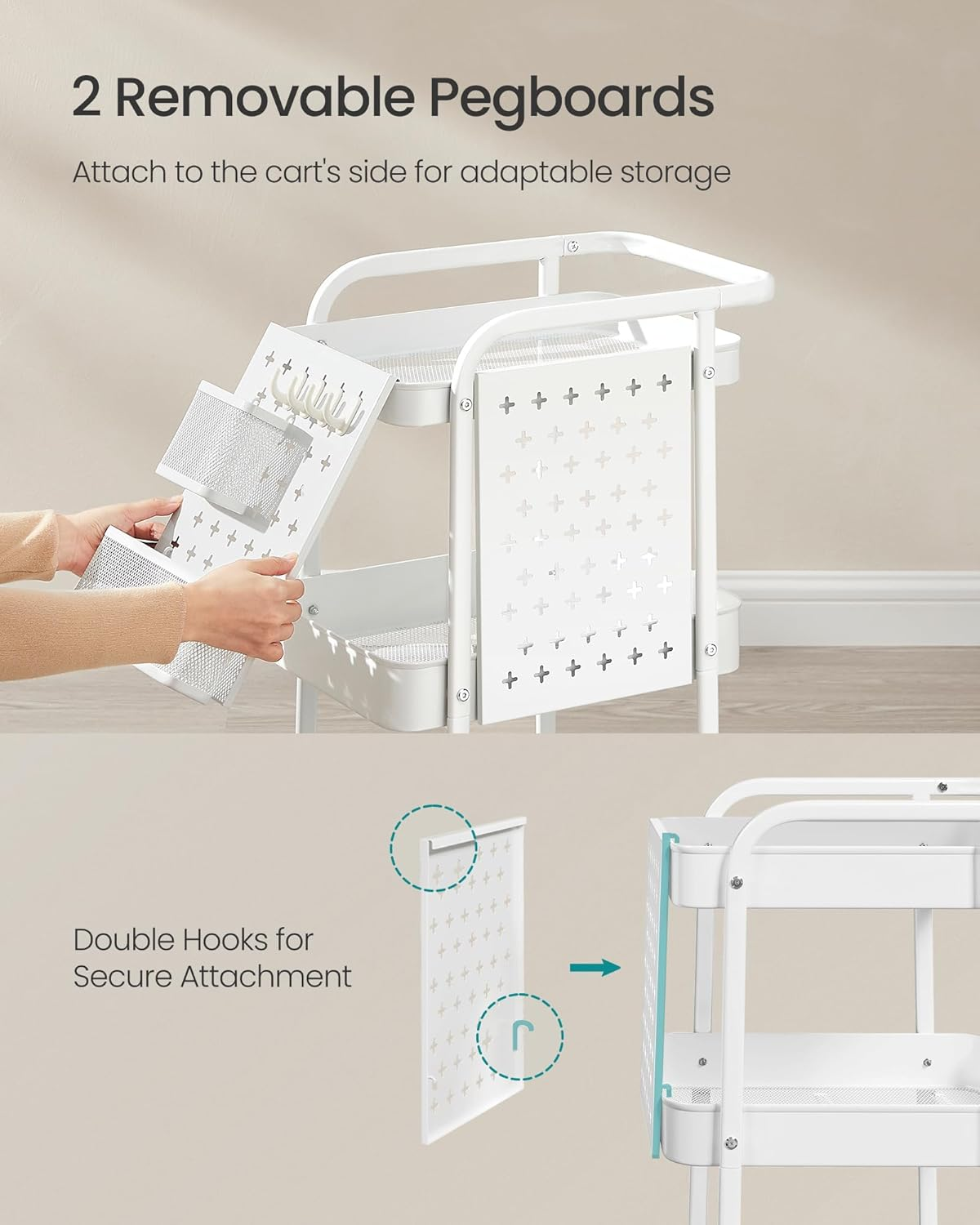 SONGMICS 3-Tier Storage Cart, Rolling Utility Cart, Metal Mesh Shelves, 2 Removable Pegboards, 2 Hanging Holders, 4 Hooks, Craft Cart for Living Room, Kitchen, Office, Bathroom, Cloud White ULRC037W01 image number 2