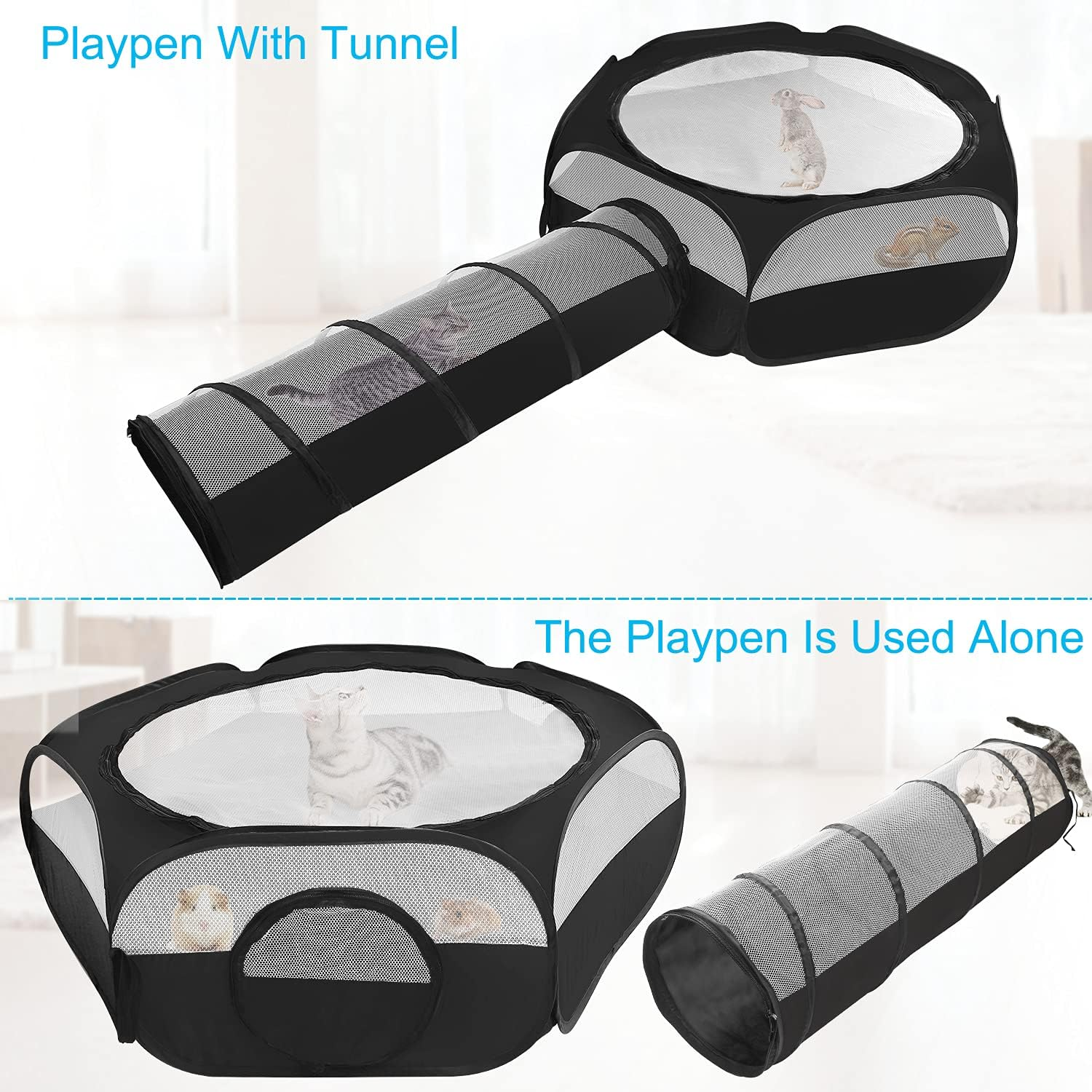 Kelivi Small Animal Playpen, Portable Guinea Pig Playpen Pet Playpen Kitten Playpen with Double Zippered Cover Indoor Outdoor for Bunny, Rabbit, Hamster Connect Tunnel (Black) image number 3