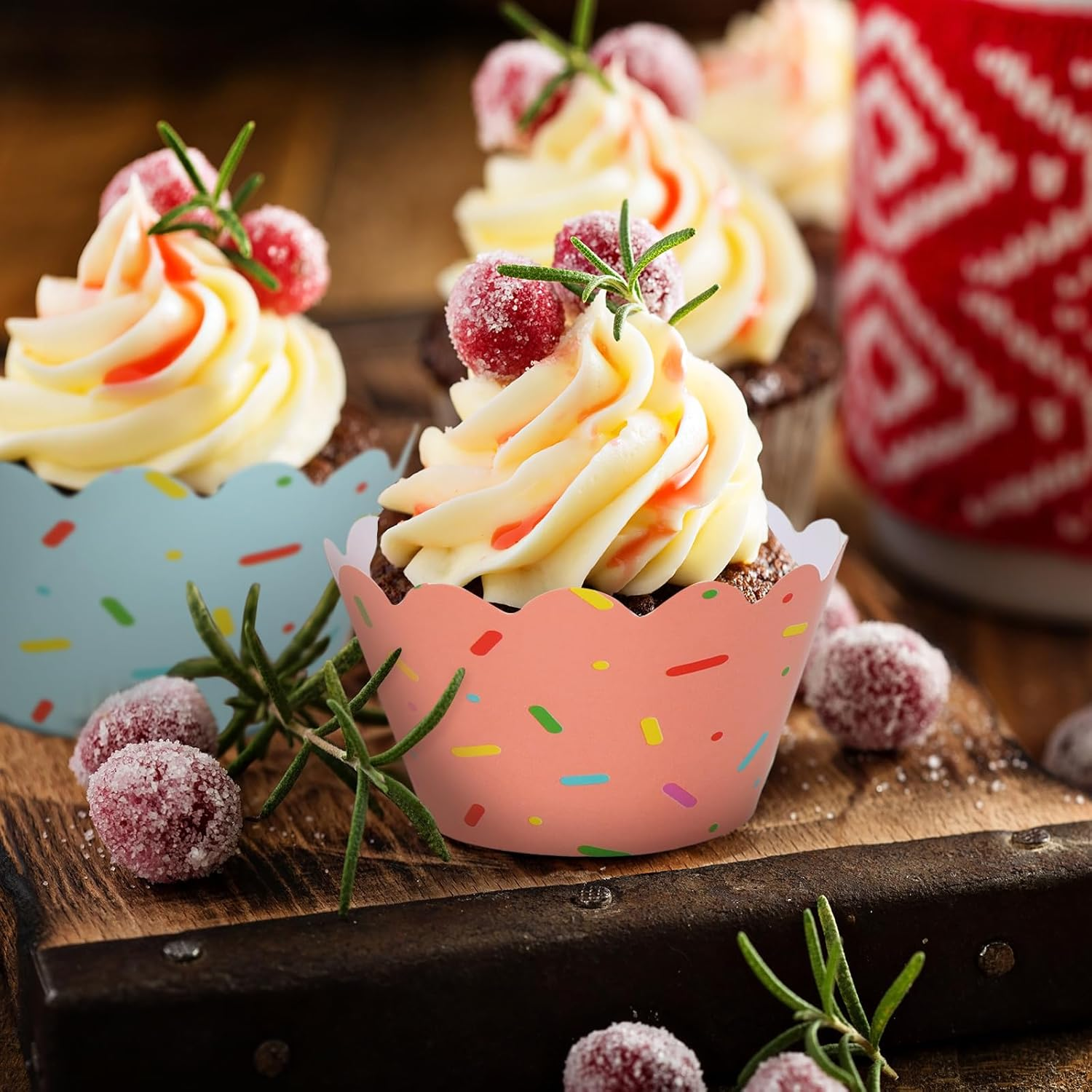 Whaline 36Pcs Colorful Donut Cupcake Wrappers Blue White Pink Sprinkles Icing Cupcake Liners Candyland Party Paper Baking Cup Decorative Cupcake Holders for Christmas Birthday Party Cake Decoration image number 1