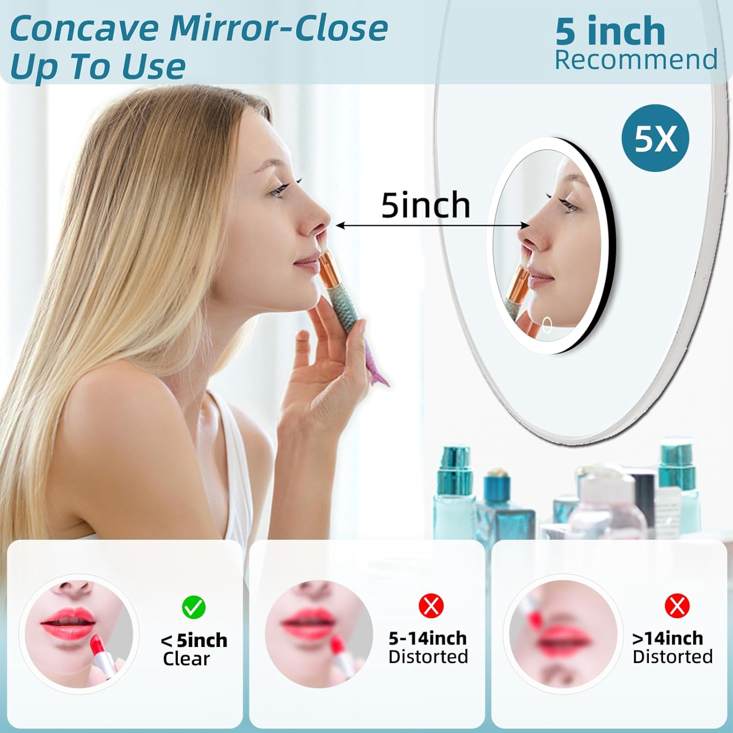 5X Makeup Magnifying Mirror with Lights, Portable 6Inch Magnifying Mirror with Suction Cups Wall Mount, 5X Lighted Travel Magnification with Tweezers and Scissors - Perfect for Makeup & Close-Up Tasks image number 5