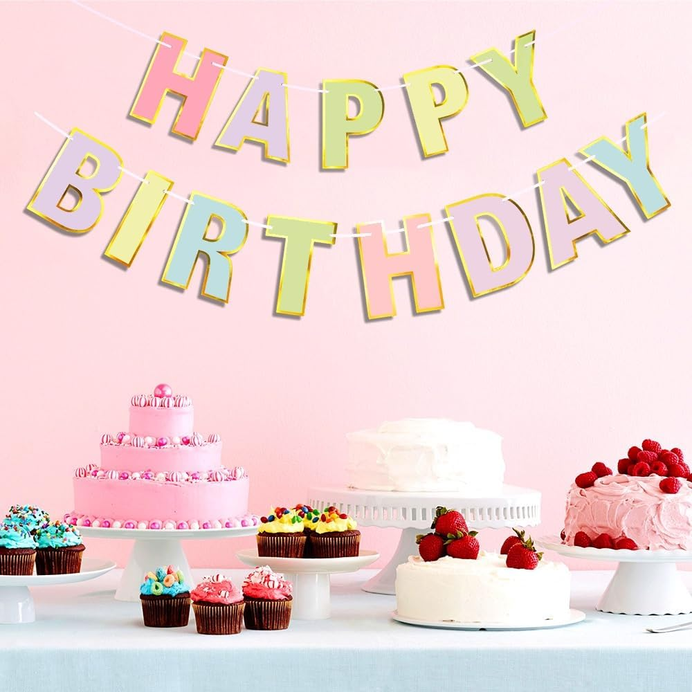 Happy Birthday Banner - 9Ft Pastel Macaron Letter Garland, Pre-Strung No Assembly Party Decor for Women, Men, Adults Celebration, Reusable Wall Hanging Backdrop for Birthday Parties & Special Events image number 5
