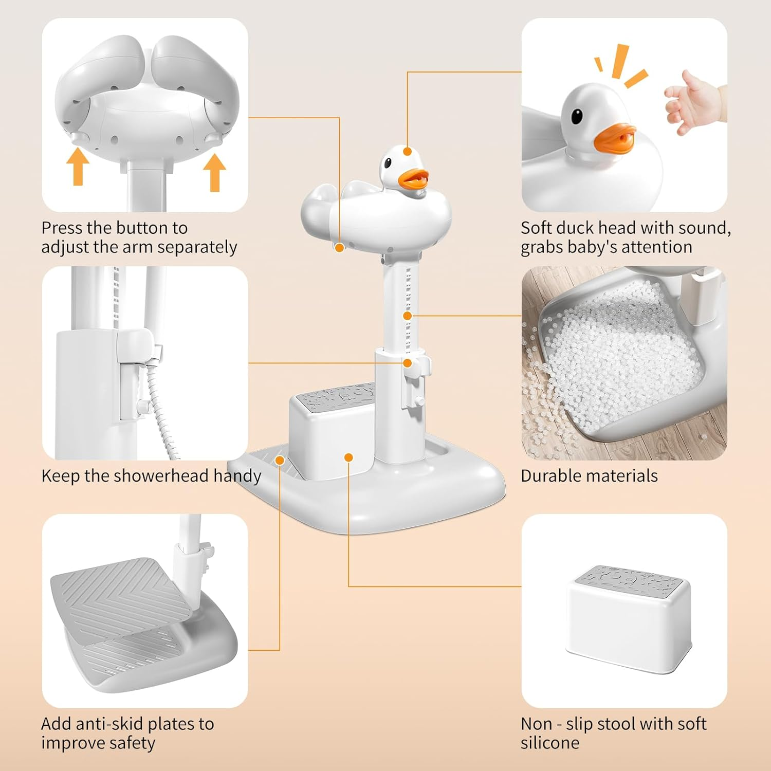 Kinsdan Adjustable Baby Bath Stand with Stool for 12+ Months，Shower Stand with Hand Holder, Baby Standing Bath Anti-Slip and Anti-Pinch Design for Bathing image number 4