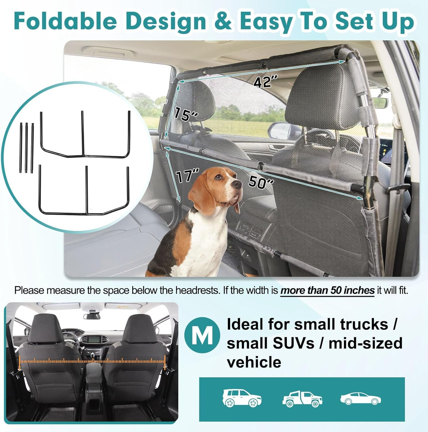 Dog Car Barrier Escape-Proof, 50" Wide Car Divider for 2Nd 3Rd Row Seats & Cargo Area, Durable Back Seat Car Gate Trunk Barrier with See through Net Mesh for Small Trucks & SUV & Mid-Sized Vehicle image number 3