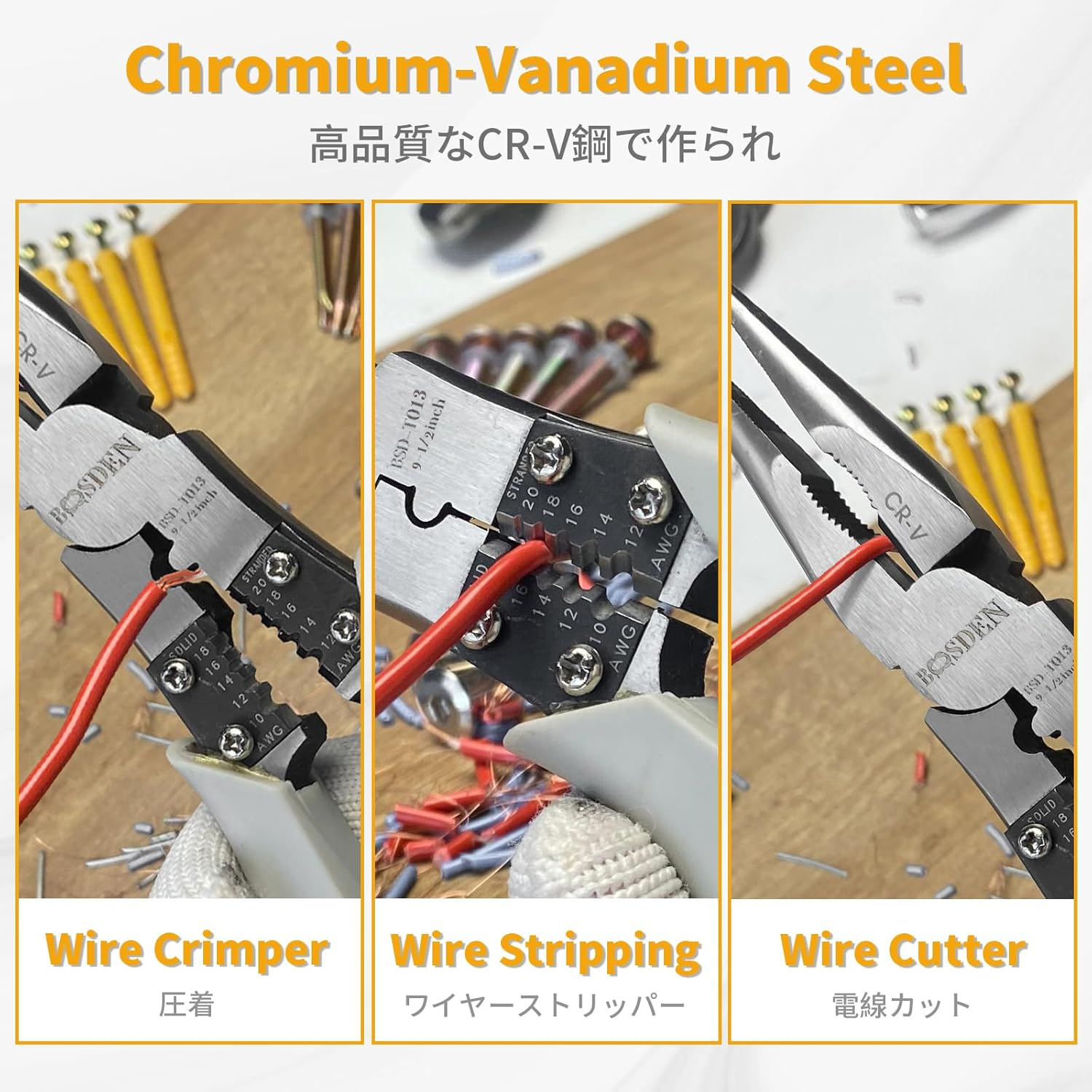 BOOSDEN Needle Nose Pliers Heavy Duty with Wire Stripper Wire Cutters Crush Crimper, 9 Inch Long Nose Pliers, Multi-Function Industrial Combination Pliers with a Portable Tool Pouch