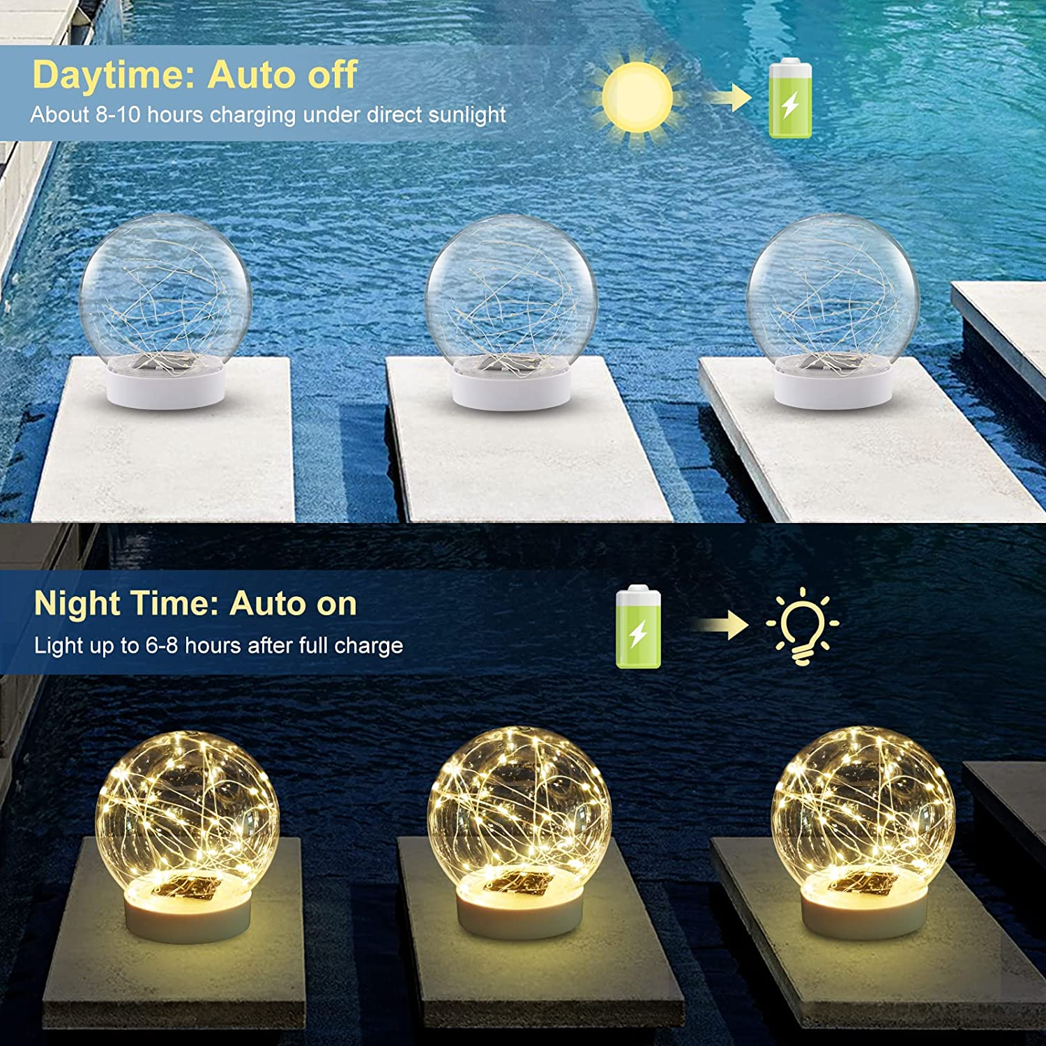LENONE Solar Floating Pool Lights, Warm White LED Solar Glow Globe Pool Lights That Float, Auto ON/OFF Waterproof Pool Floating Lights, 7&rdquo; Floating Lights for Pool Yard Party Christmas Decor(2 Pieces) image number 6