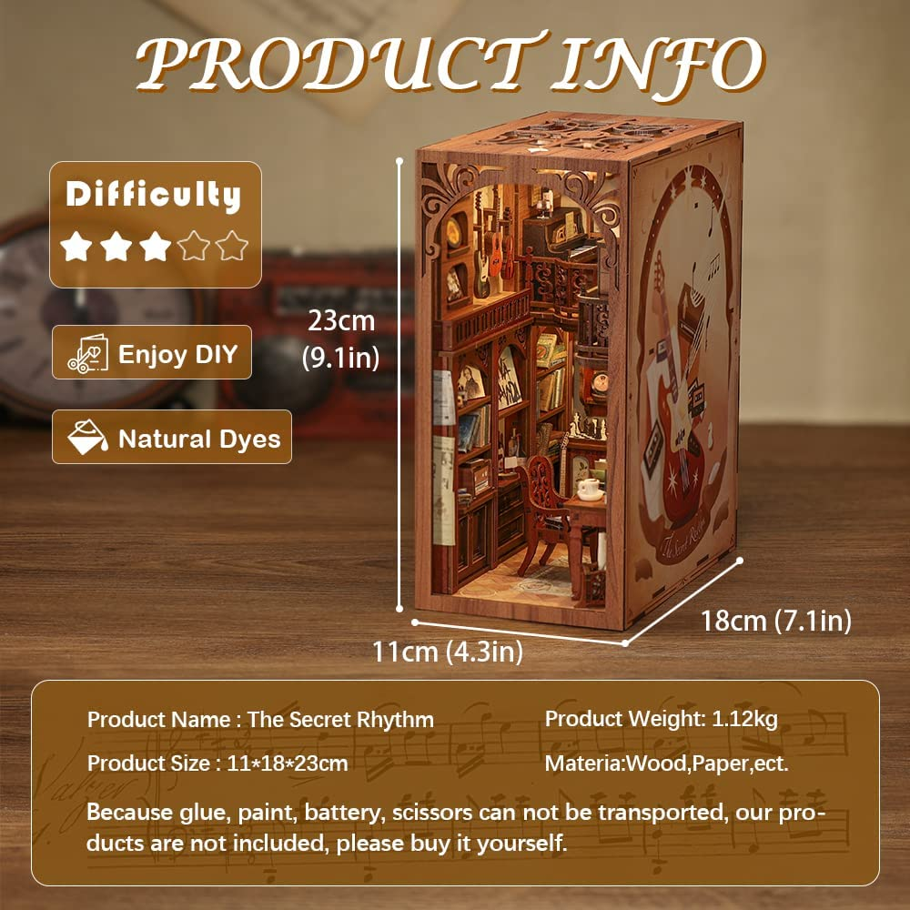 CUTEBEE Book Nook Kit, DIY Miniature House for Adults 3D Wooden Puzzle Bookends with Dust Cover and LED Light - the Secret Rhythm image number 4