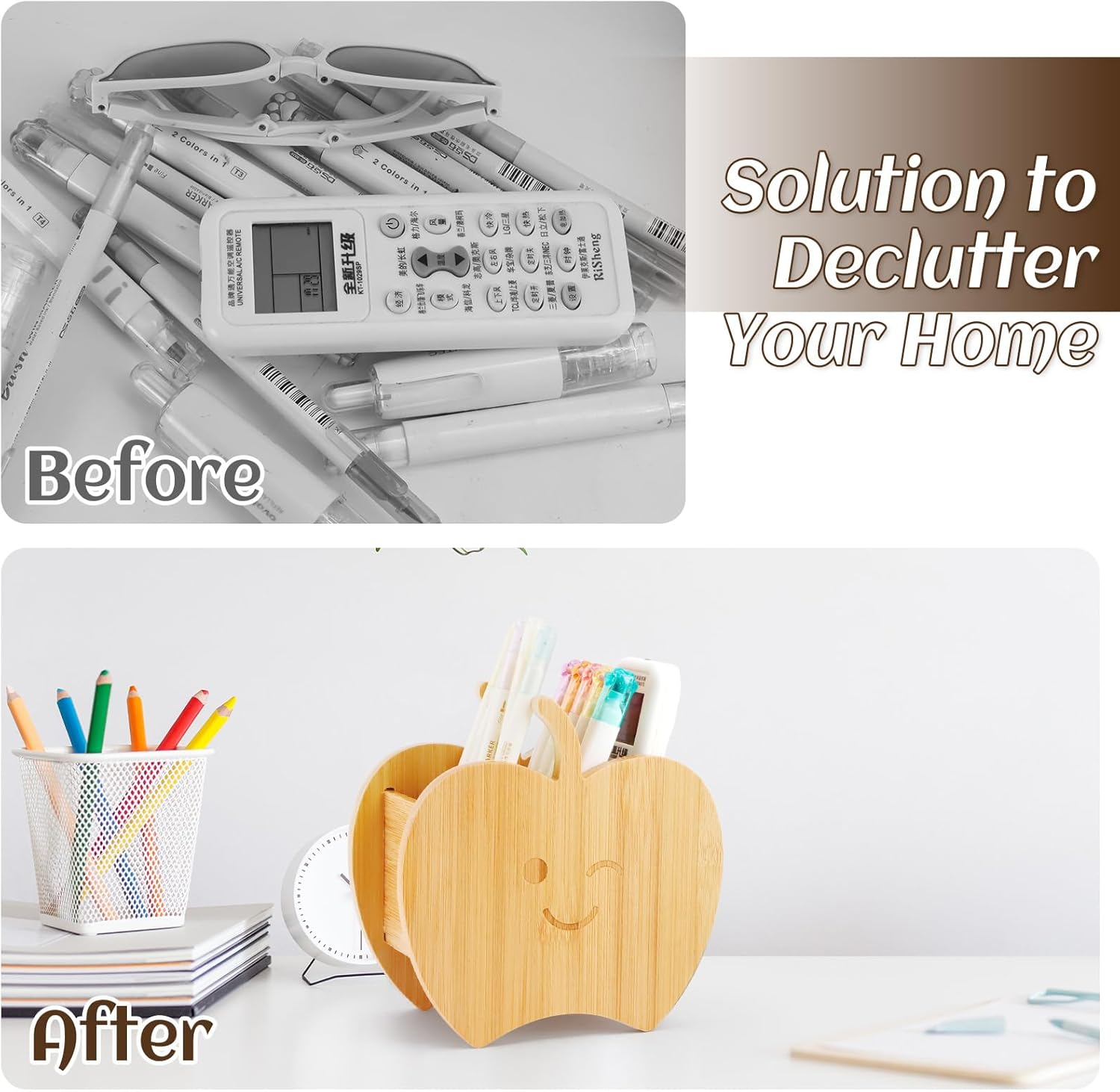 HAOTIAN-X Wooden Remote Control Holder for Sofa, Apple TV Remote Control Holder with 3 Compartments, Desk Pen Holder, Desk Organiser, Storage Box for Home, Office, Bedside Table (16X6X8Cm) image number 3