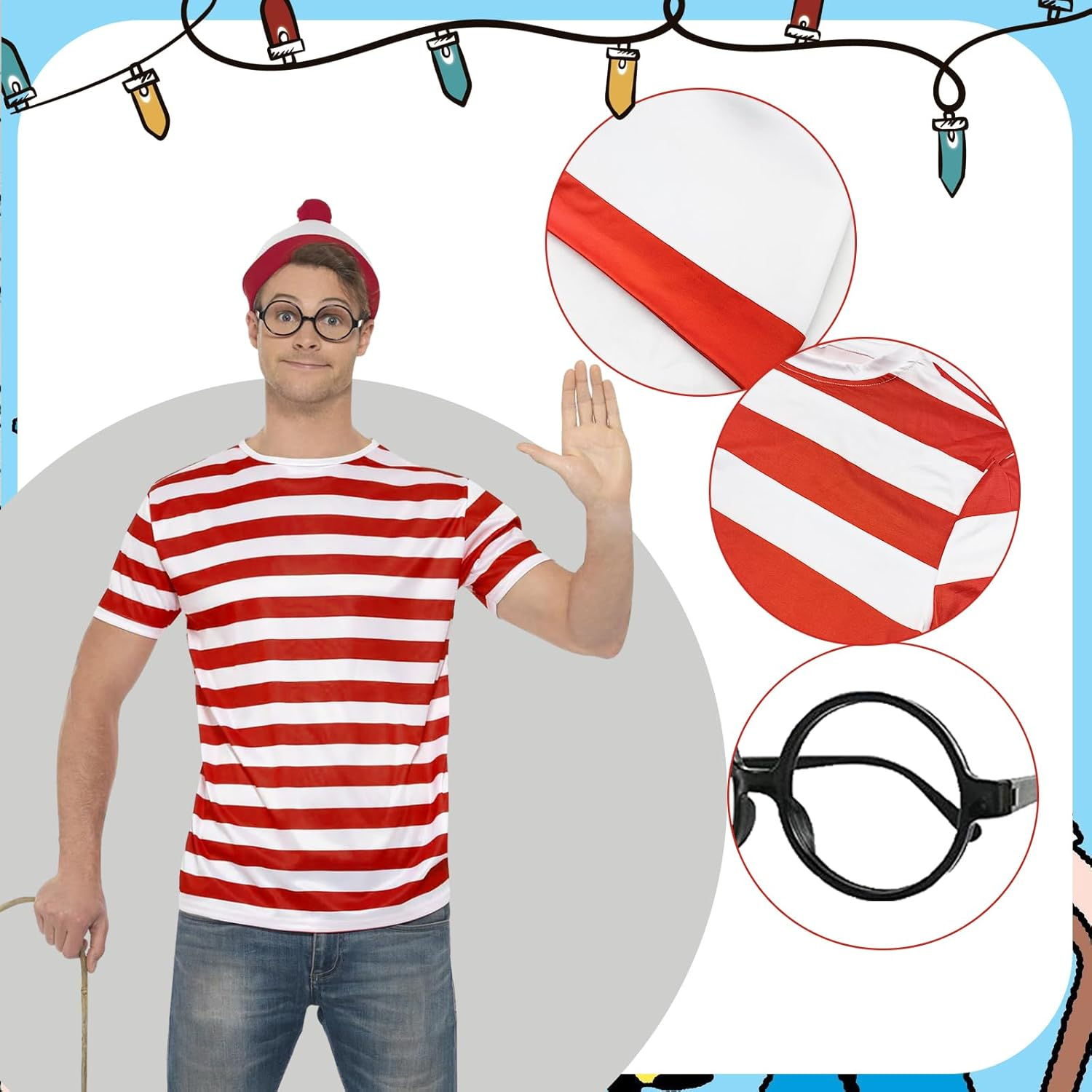 Wally Costume Cosplay Accessories Set with Red and White Striped T-Shirt, Beanie Hat, Black Nerd Glasses Fancy Dress for Adult, Kids World Book Day, Halloween，School Dress up Day image number 5