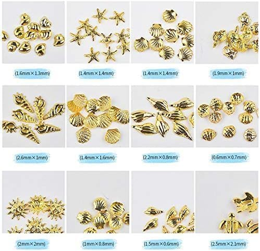 12 Styles Nail Art Metal Studs Gold Metallic 3D Pieces Rivet Palm Tree Turtles Marine Life Charms for Summer Beach Ocean Manicure DIY Acrylic Nails Design Supply Nail Art and Polish(Gold Ocean Studs) image number 1