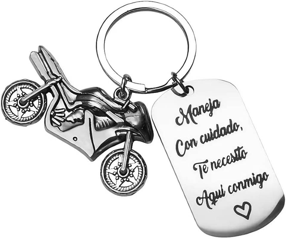 Spanish Motorcycle Keychain with Love Message Tag, Metal Charm with Inspirational Quote, Silver