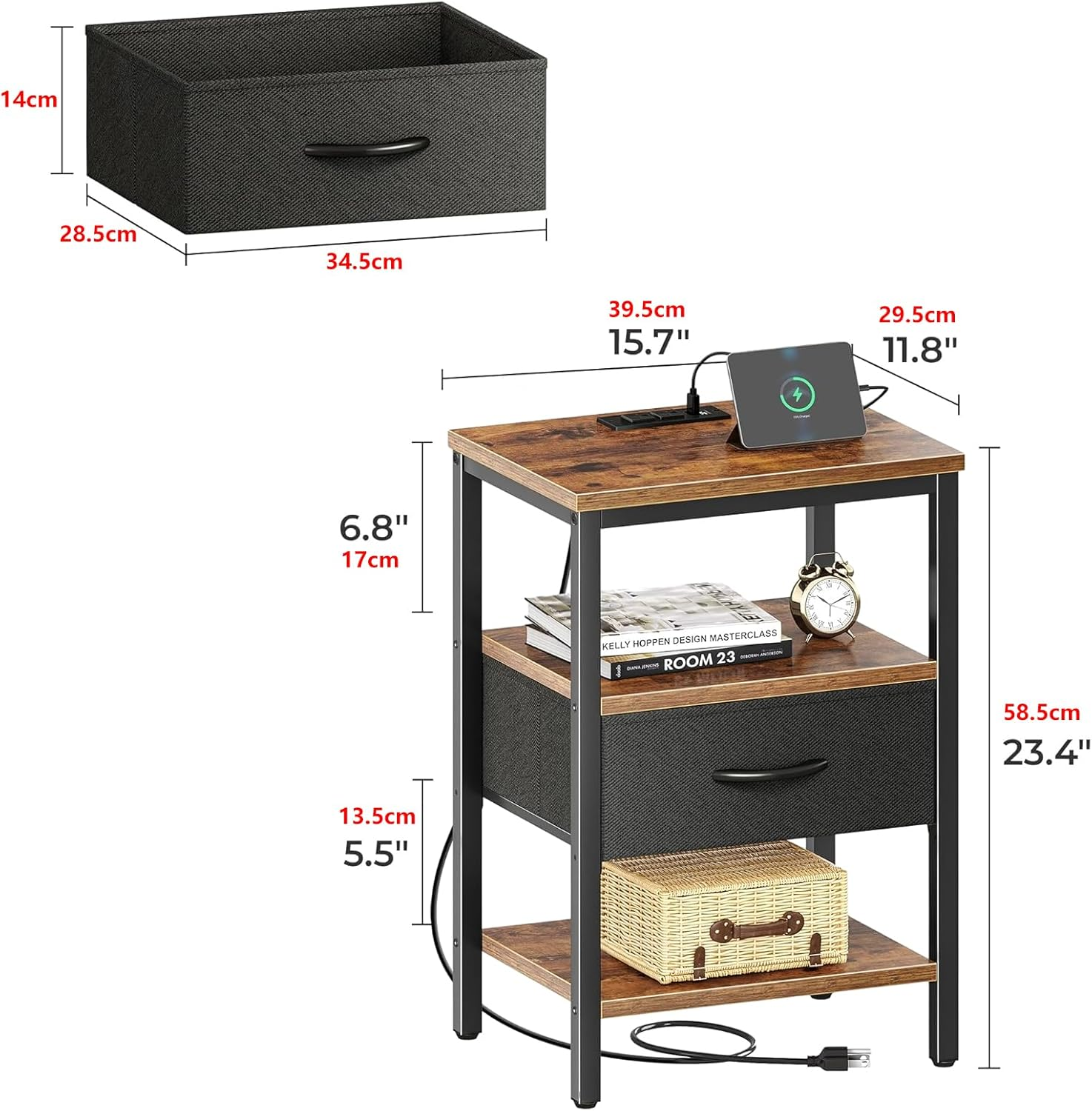 Nightstand with Charging Station, End Table with Storage Shelf and Fabric Drawer, Bedside Table with USB Ports and Outlets for Bedroom Living Room, 40 * 30 * 60Cm Rustic Brown image number 3