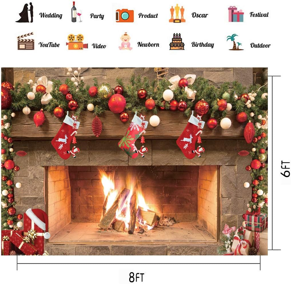 CHAIYA 8X6Ft Christmas Background Christmas Fireplace Christmas Tree Socks Gift Box Photography Backgroun New Year Party Background Decoration CY129