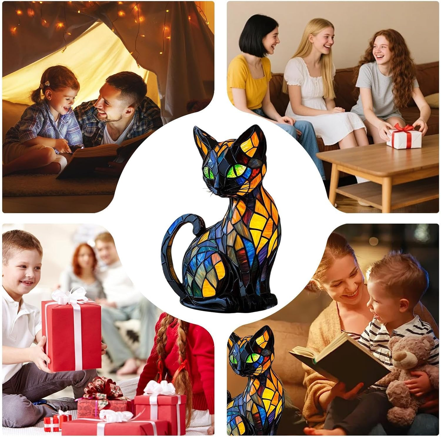 Cat Stained Glass Lamp, Resin Luminous Stained Glass Cat Lamp 17X10X10Cm, Cats Bedside Lamps Led Nightlight, Vintage Glasss Cats Lamps Desk, Handmade Resin LED Animal Bedside Table Night Light image number 5