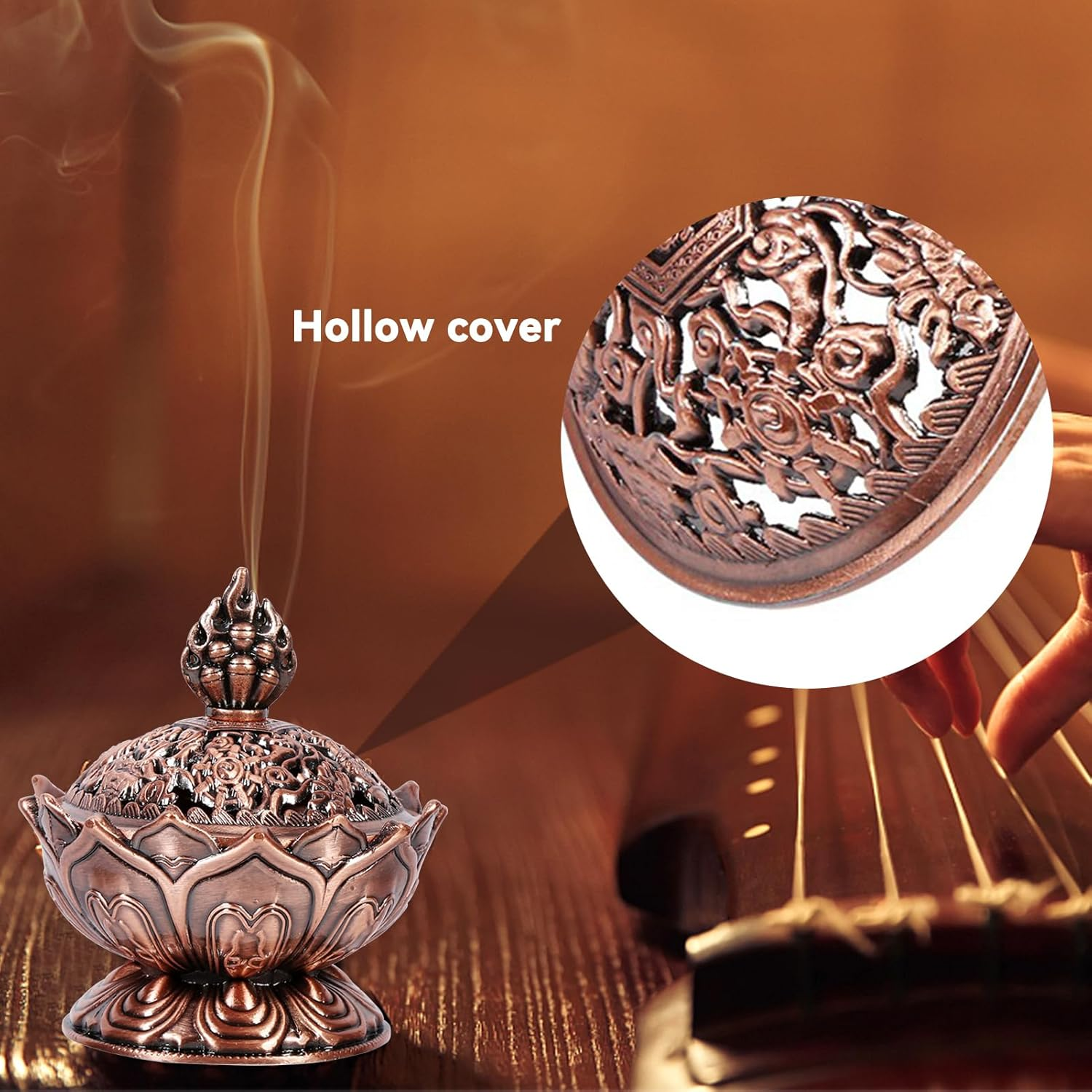 Vintage Backflow Incense Burner Bowl, Lotus Incense Holder Charcoal Censer Ash Catcher for Powder Cone or Coil Incense(Red Bronze) image number 2