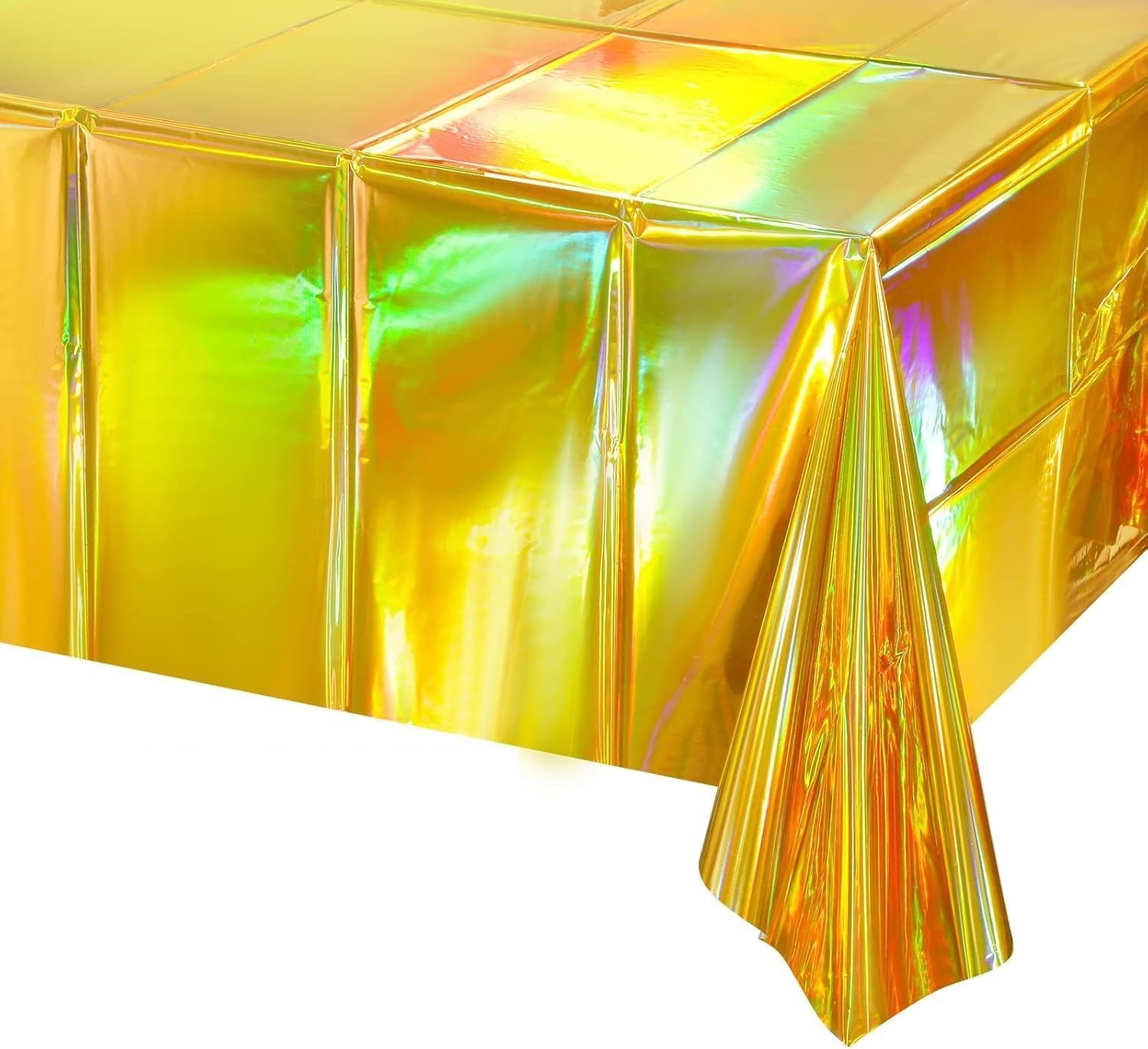 2Pack Iridescent Checkered Plastic Tablecloth, Shiny Disposable Laser Rectangle Table Covers, 54X108Inch Holographic Foil Tablecloth Iridescent Party Decorations Race Car, (Gold)