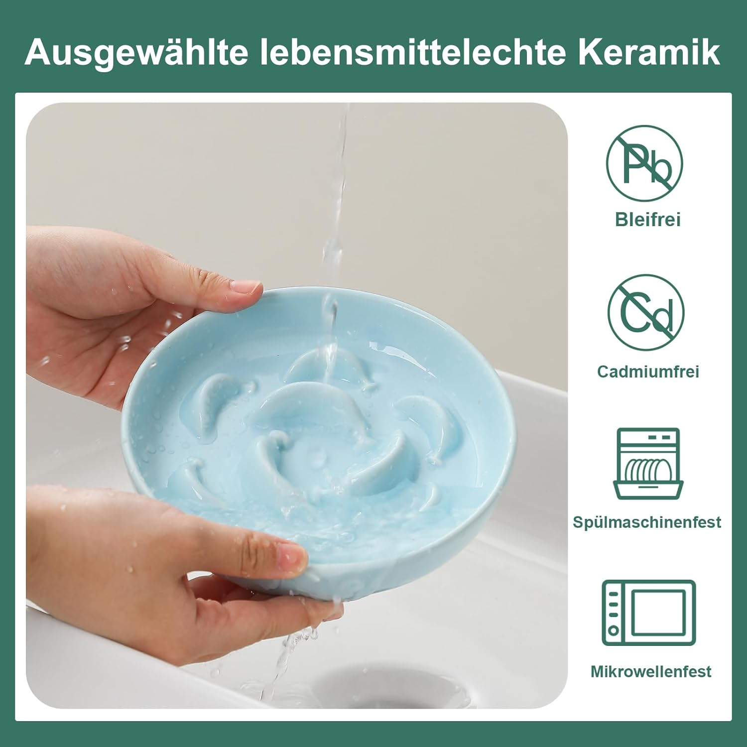 Ceramic Pastel Series Slow Feeder Bowl - Cute Maze Cat Food Plate for Healthy Eating - Fun Puzzle Feeder Dish - Dishwasher Safe - 6.3''W X 1.2''H - 7 OZ - Pale Blue - Bamboo Stand - Bright Yellow image number 3