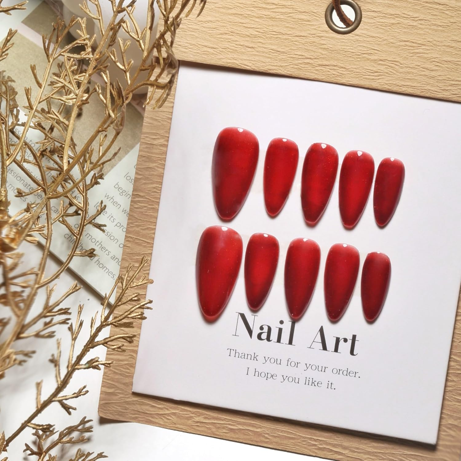 Sun&Beam Nails Handmade Press-On Medium Long Amlond Red Ruby Magnet False Nail Tips Design Fashionable 10 Pcs Set (#162 M) image number 5