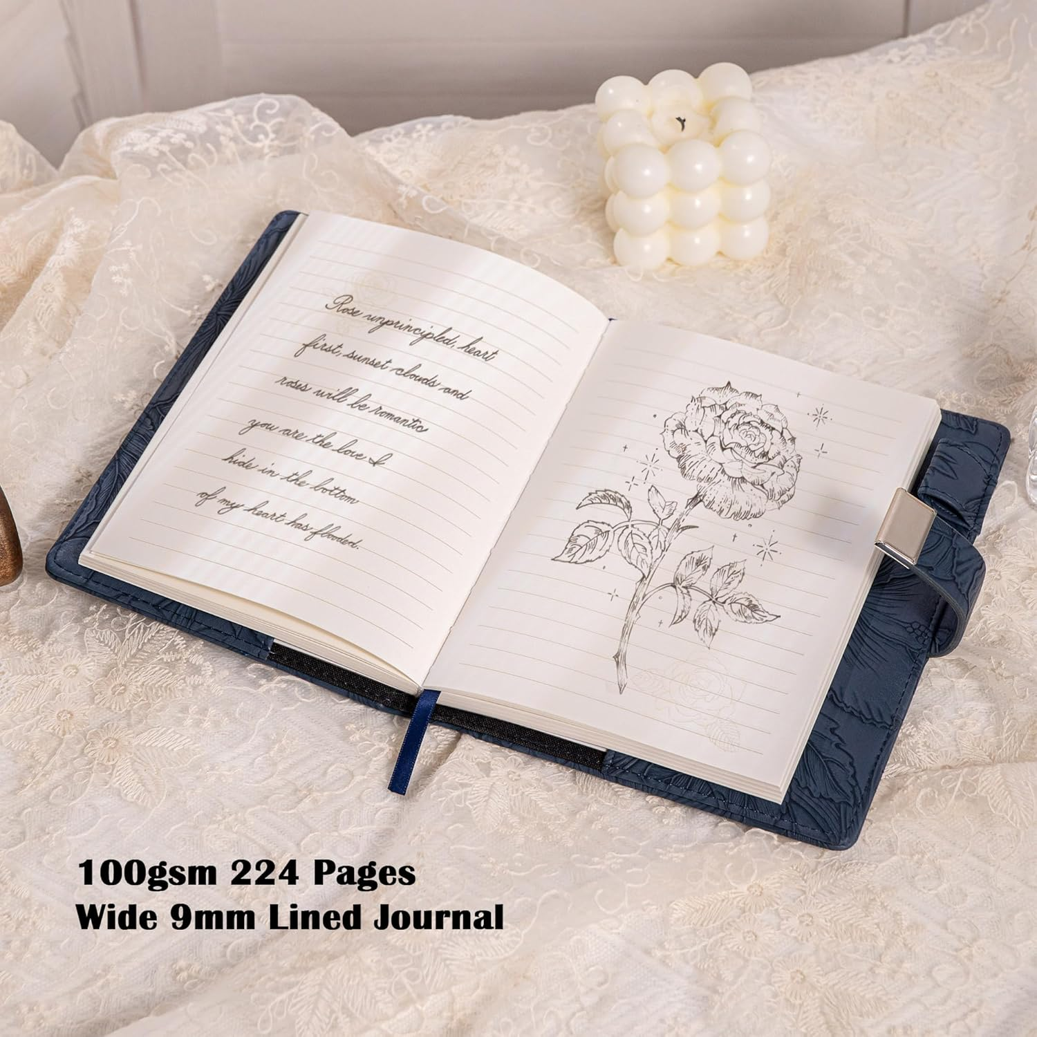 Diary with Lock for Women, 3D Embossed Journal with Lock, 224 Pages Wide Lined Notebooks, PU Leather with Pen and Stickers Planner Organizer for Women & Men - Deep Blue image number 4