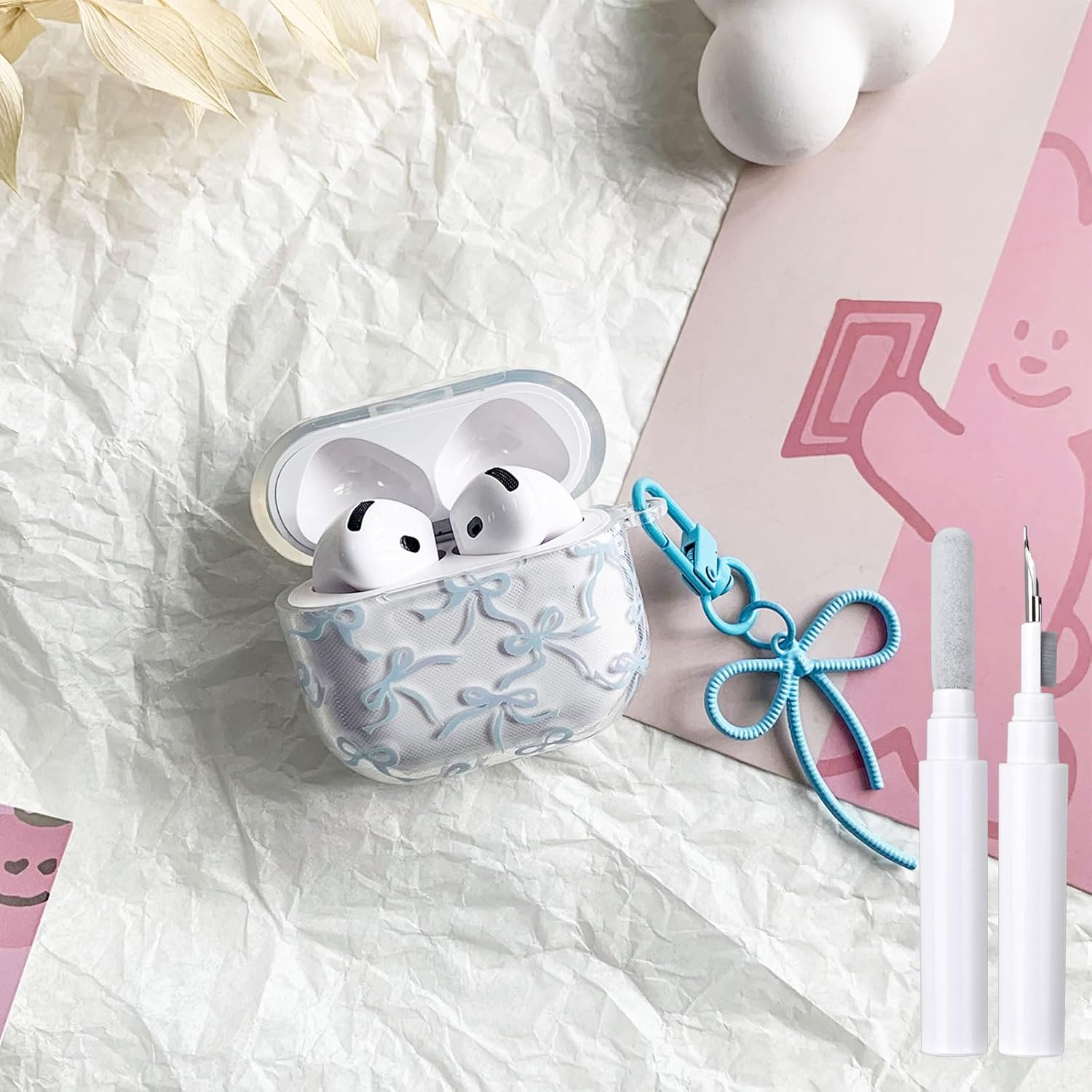 Case for Airpods Pro 2 with Cleaner Kit Soft Cute Bow Pattern Fashion Design Bowknot Aesthetic Shockproof Keychain Headphone Cases for Airpods Pro 2-Blue image number 2