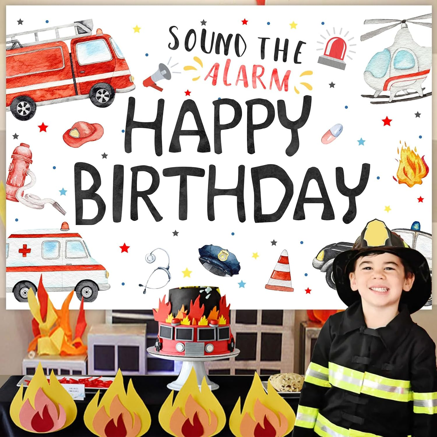 Wonmelody 7 * 5Ft Emergency Birthday Decorations Backdrop Happy Birthday Sound the Alarm Backdrop Banner Rescue Vehicle Birthday Party Supply Team Rescue Backdrop First Responder Transportation Party image number 3