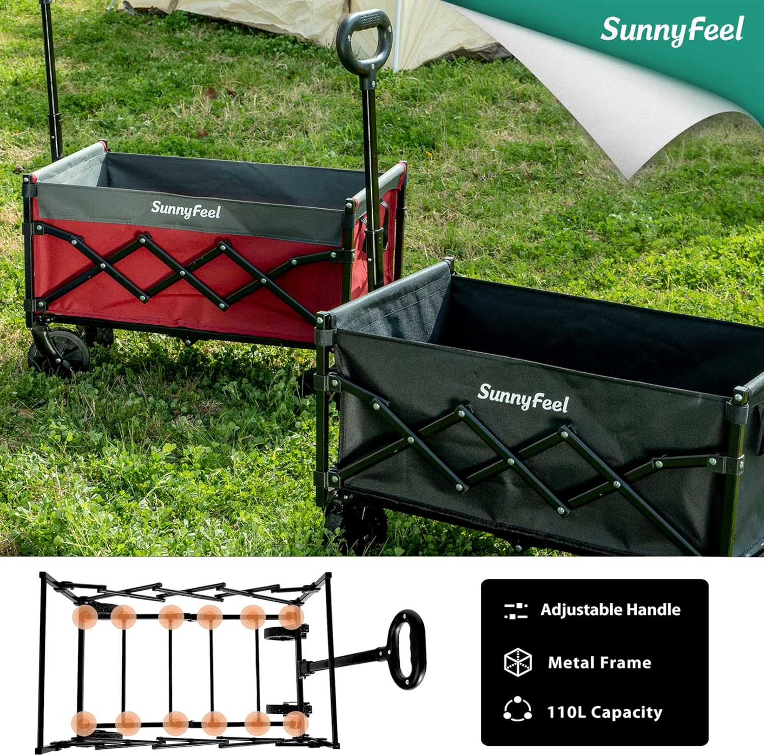 Sunnyfeel Heavy Duty Collapsible Outdoor Utility Wagon Cart 300LB Capacity Adjustable Handlebar,Foldable Beach Wheels Stable Durable Oxford Fabric for Shopping Garden Camping (Black 28*18*36 Inch) image number 4