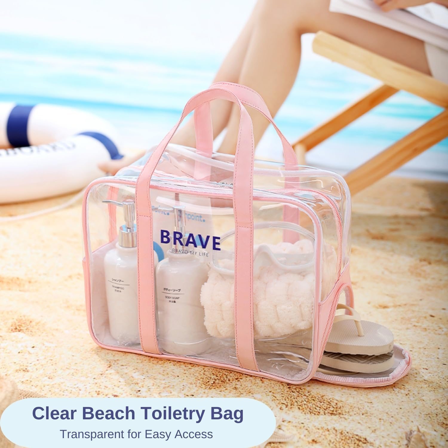 Large Clear Toiletry Bag for Women, Waterproof PVC Beach Bag Swim Bag Gym Bag, Clear Makeup Cosmetic Bag, Transparent Travel Toiletry Bag Travel Accessories Tote Bag, PVC Bag (Pink, 34 * 18 * 25Cm) image number 5