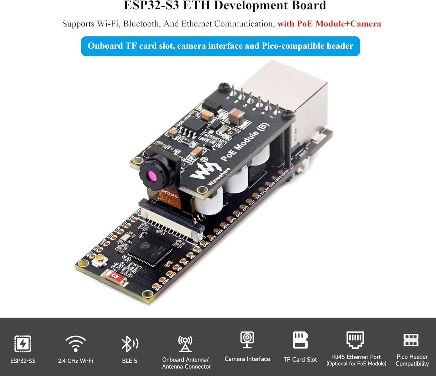 ESP32-S3 ETH Development Board, 10/100Mbps RJ45 Ethernet Port, 240Mhz Dual Core Processor, Onboard Type-C Port & TF Card Slot, Wifi & BLE & Ethernet Communication, with POE Module + OV2640 Camera image number 4