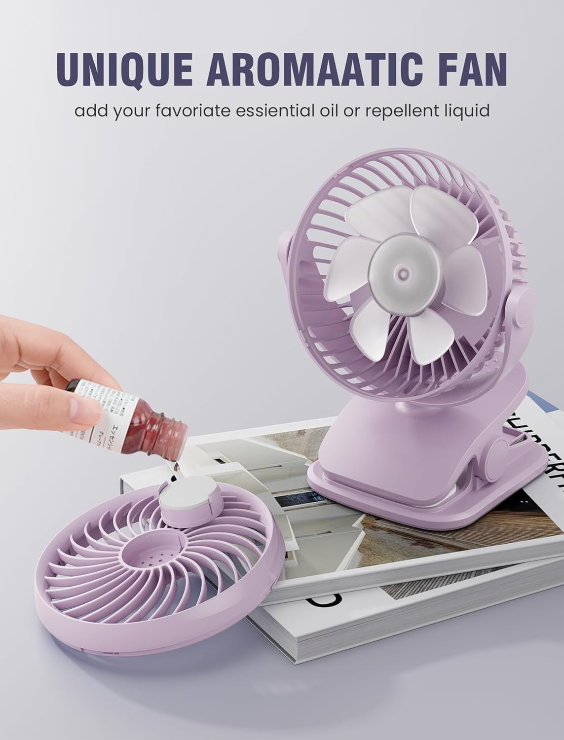 AA Battery Powered Clip on Fan with Aromatic Function,4 Speeds Battery Operated Portable Fans for Camp,Small Golf Cart USB Fan,Quiet Desk Fan with 360&deg;Rotation,Personal Dorm Fan for Home,Bed,Office image number 5
