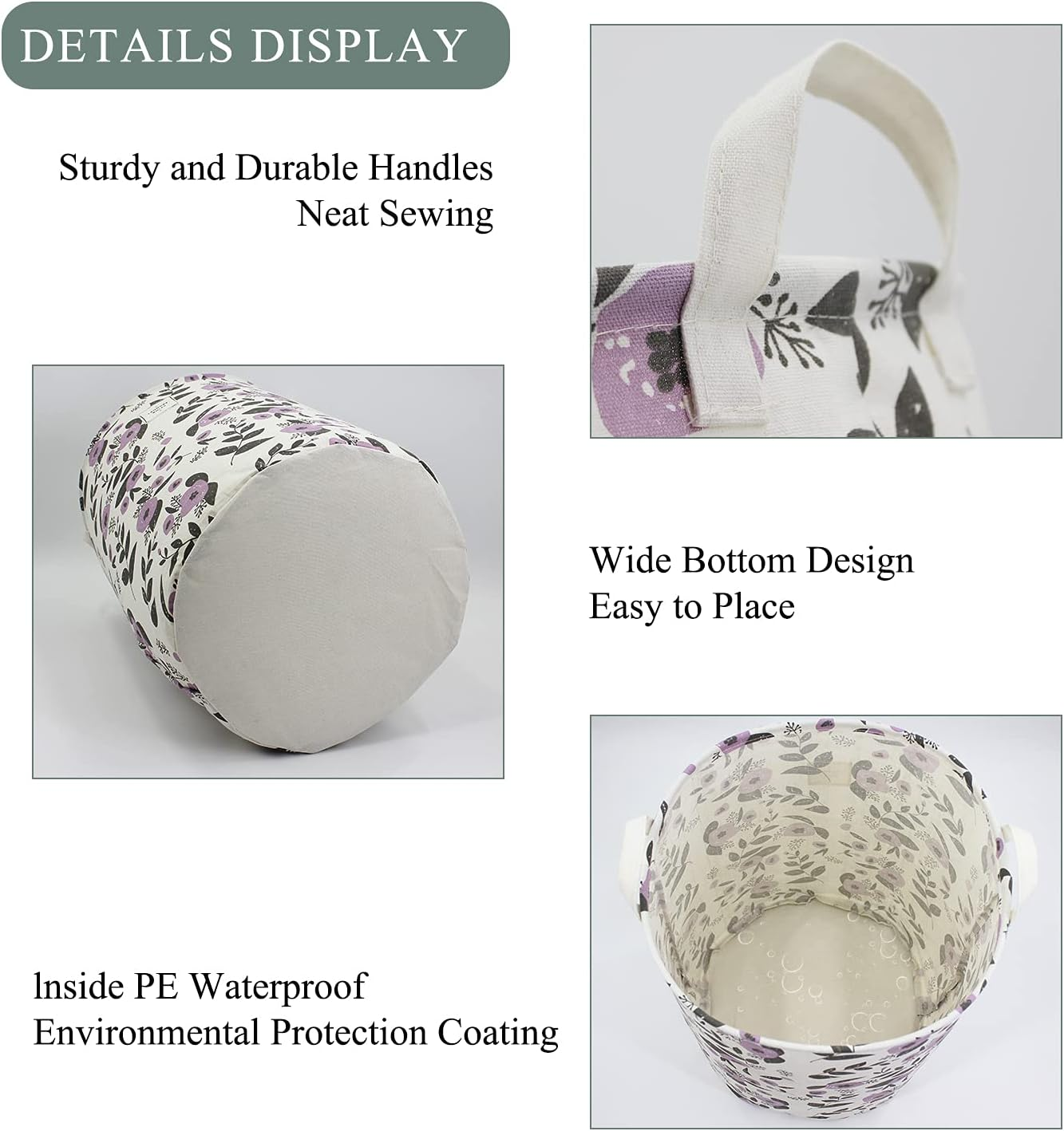 Mziart Collapsible Laundry Basket, Floral Printing Large Laundry Hamper for Baby Girls Kids Toys Clothes Organizer Foldable Storage Bin Waterproof Canvas Nursery Storage Basket with Handles (Purple) - Purple image number 4