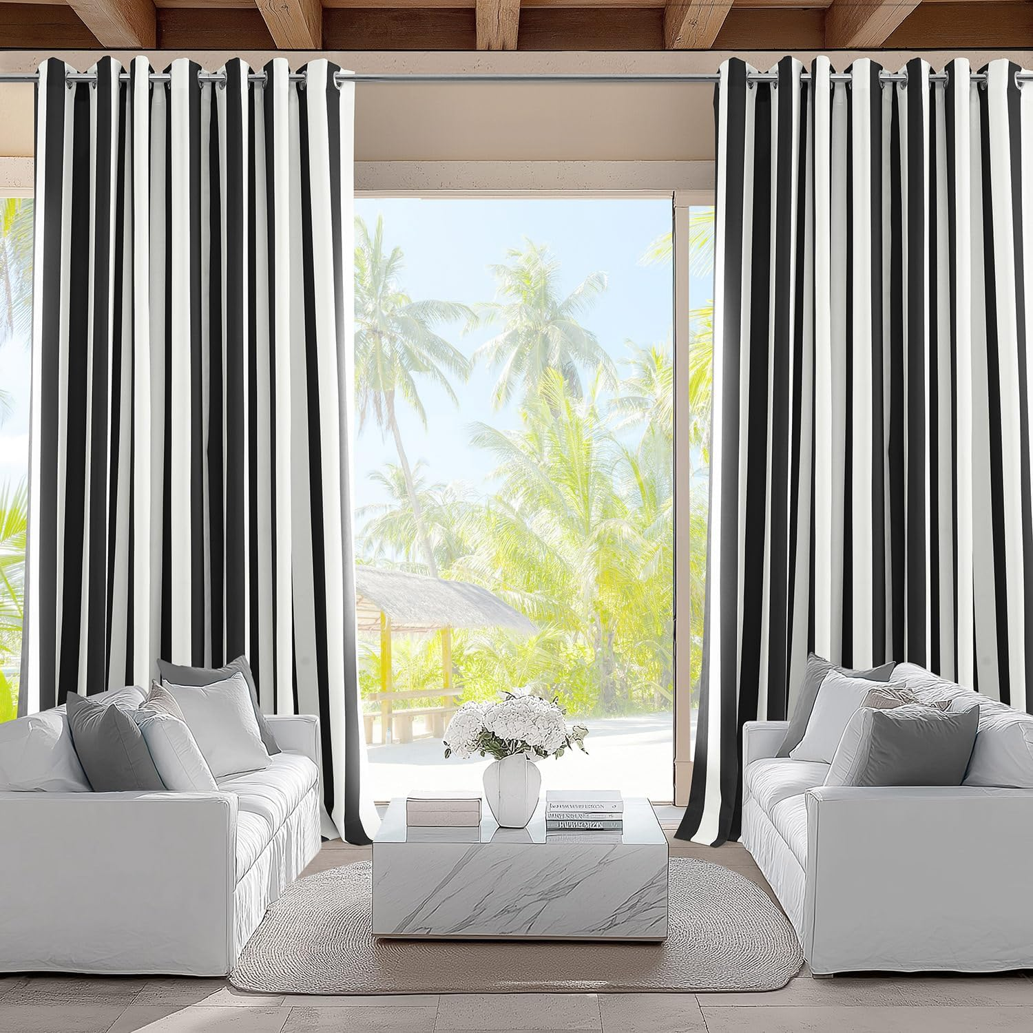 HPD Half Price Drapes Villanova Striped Grommet Outdoor Curtains for Patio (1 Panel) - UV & Water Resistant Light Filtering 200 GSM Polyester Curtains - 50W X 84L, Nautical Navy Blue Stripe