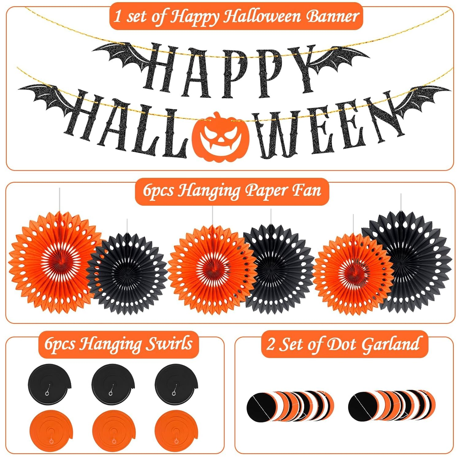 Hapurs Happy Halloween Banner, Halloween Office Decorations Paper Fans Halloween Banner for Wall Mantle, Glitter Bat Wings Hanging Halloween Party Decorations image number 4